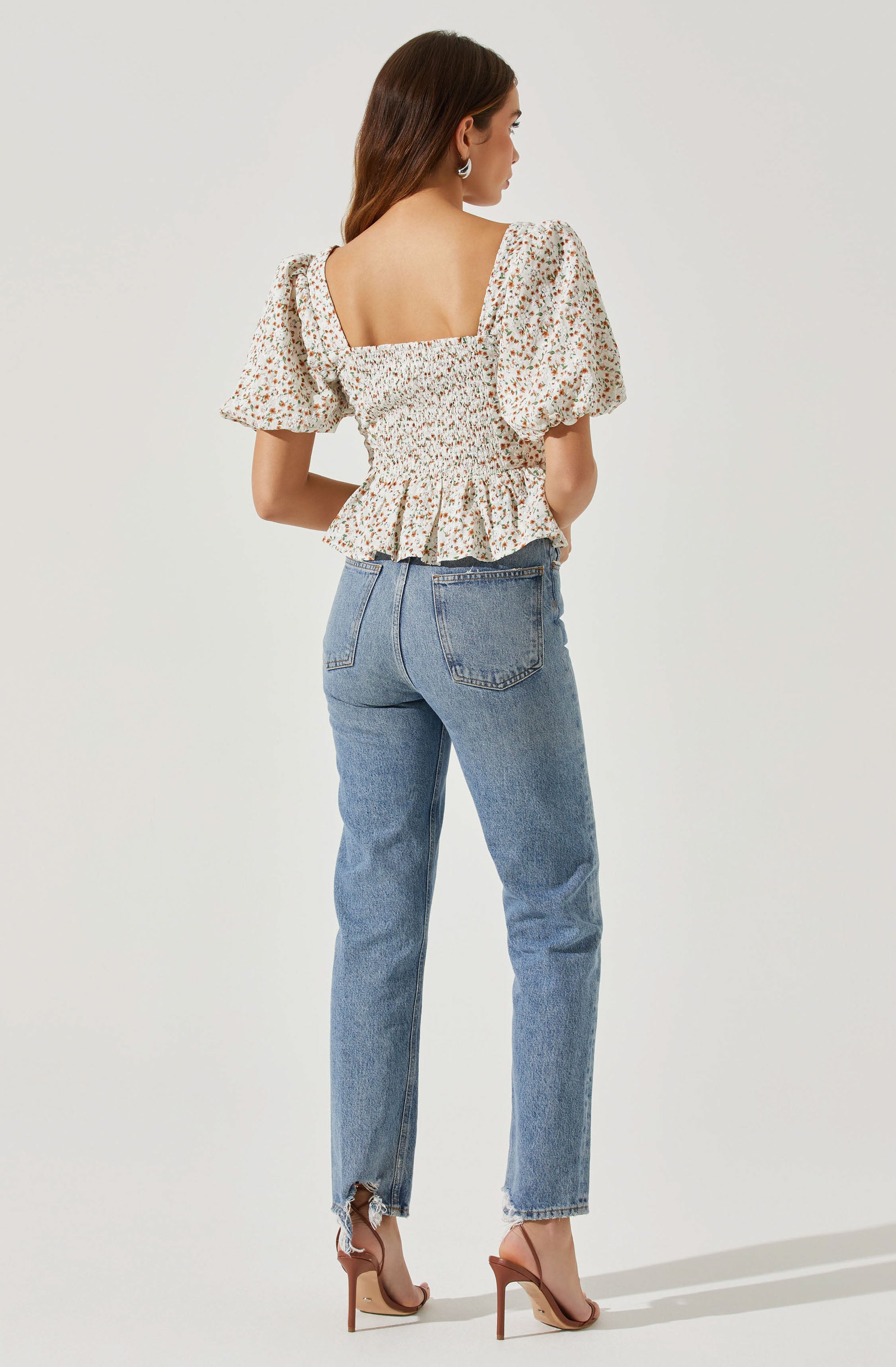 Bubble Sleeve Front Tie Floral Top-Aljck
