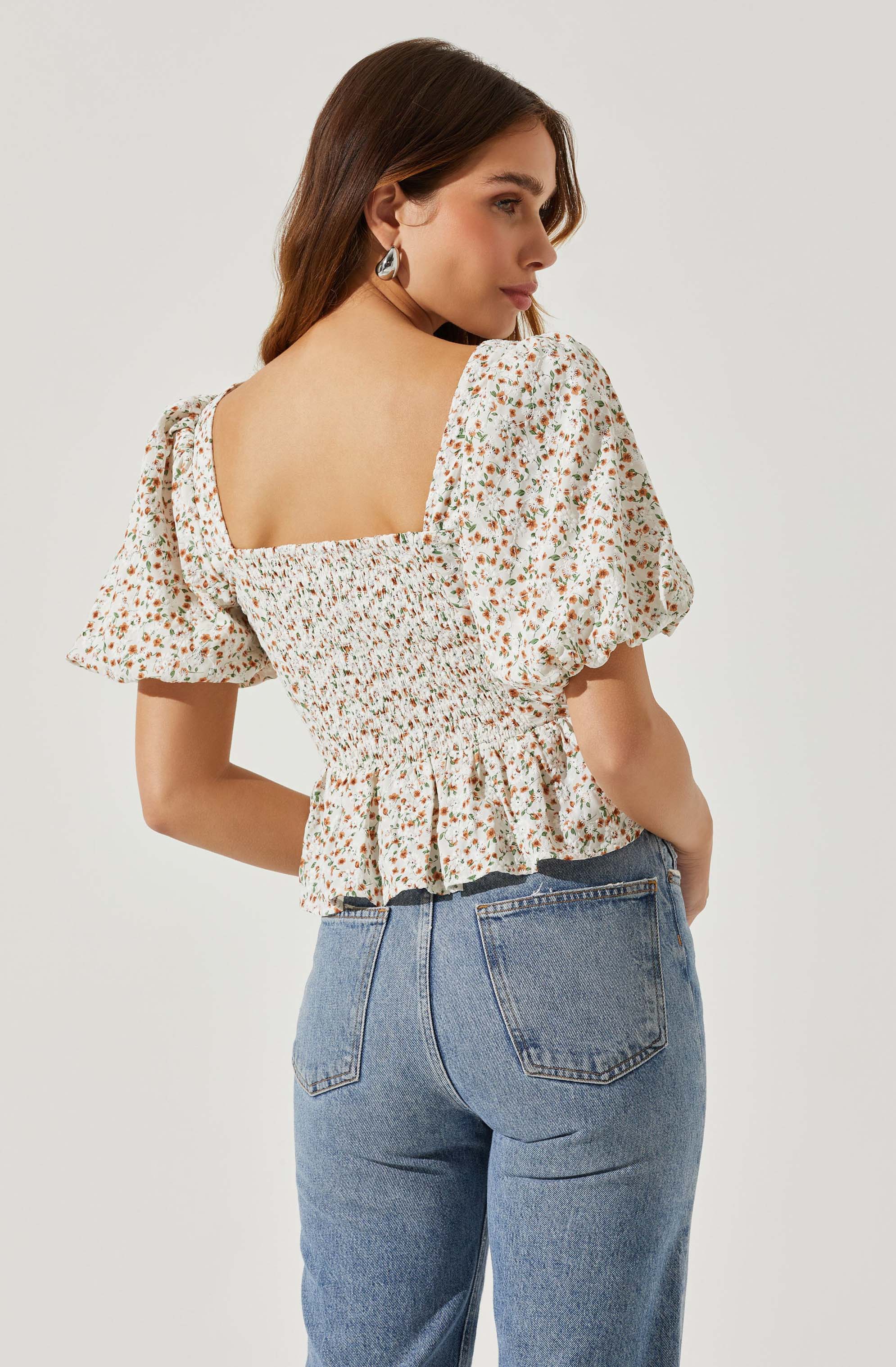 Bubble Sleeve Front Tie Floral Top-Aljck