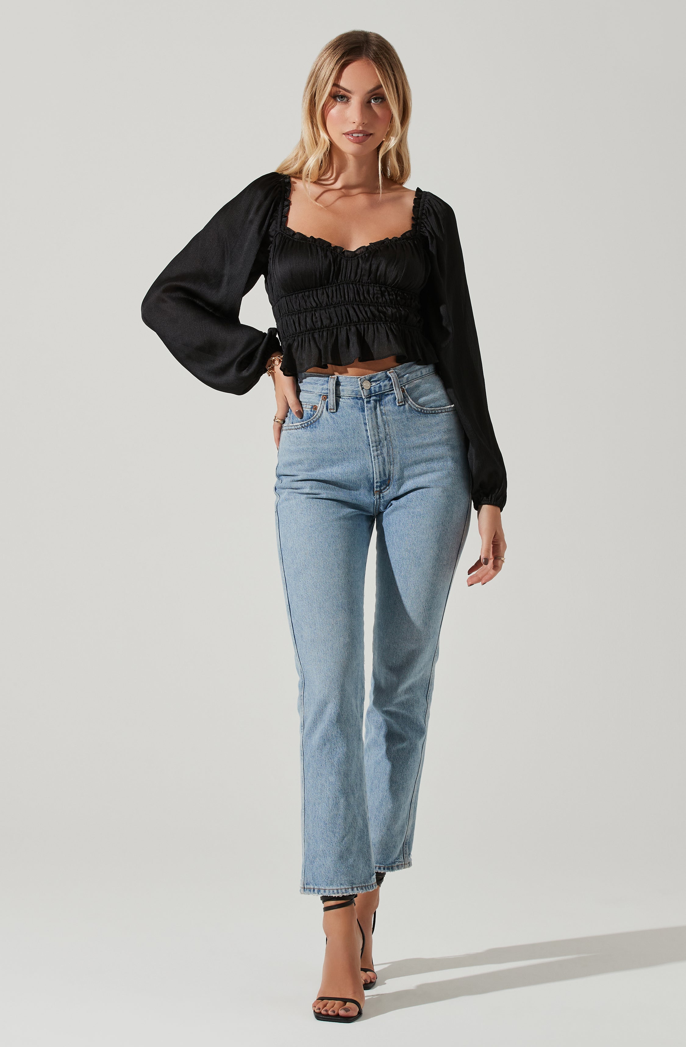 Rowan Satin Peplum Hem Long Sleeve Top-Aljck