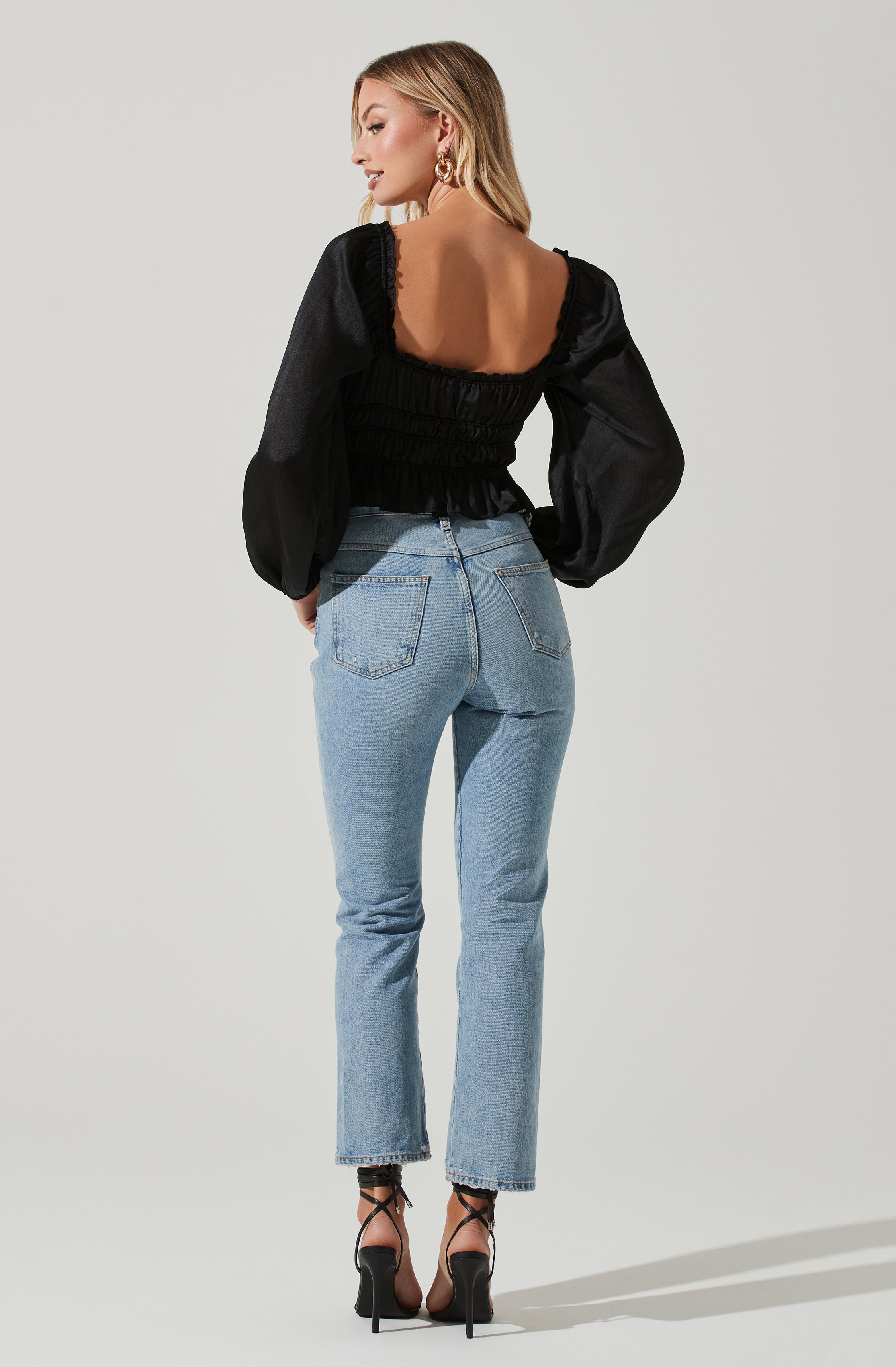 Rowan Satin Peplum Hem Long Sleeve Top-Aljck