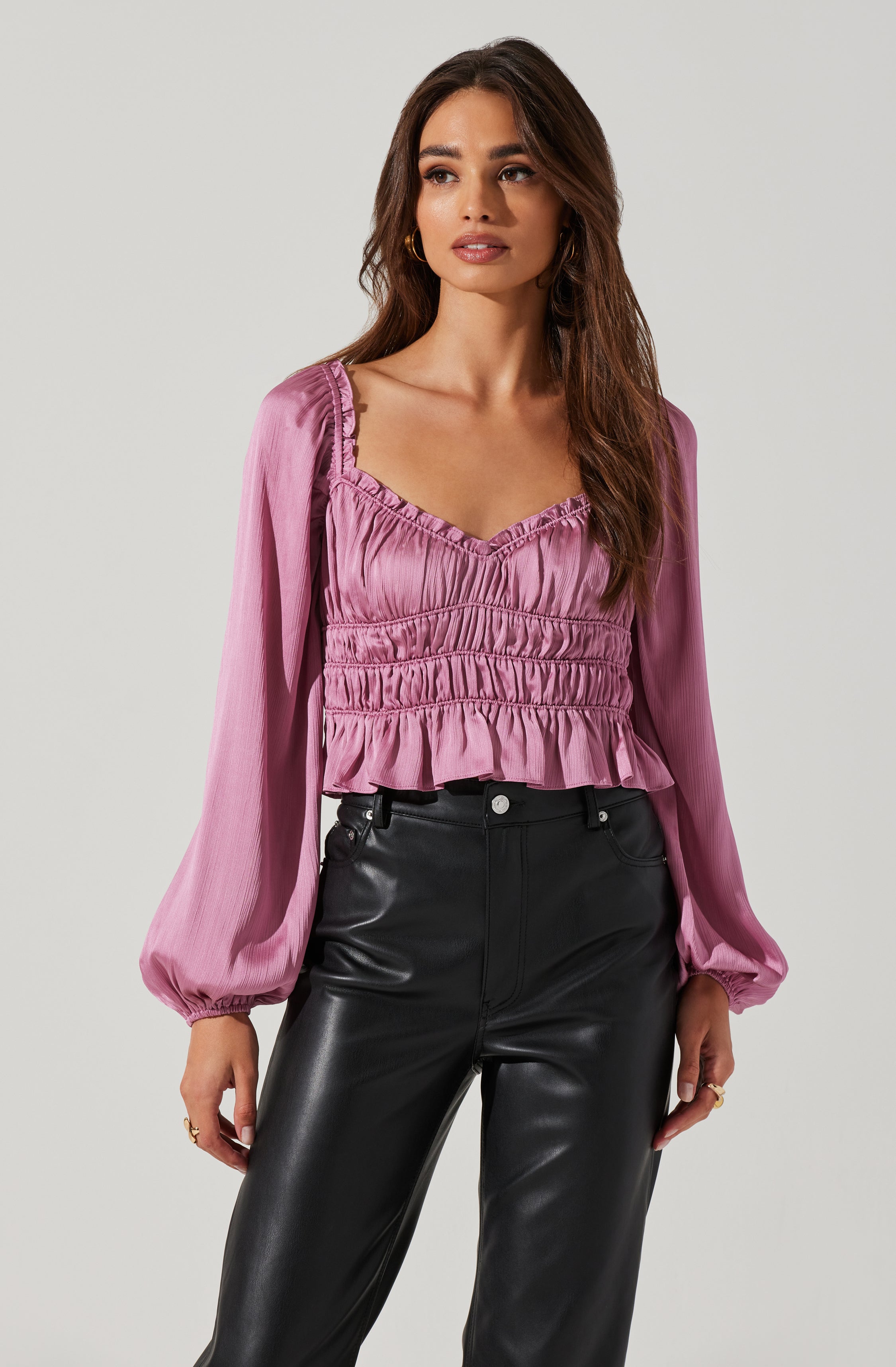 Rowan Satin Peplum Hem Long Sleeve Top-Aljck
