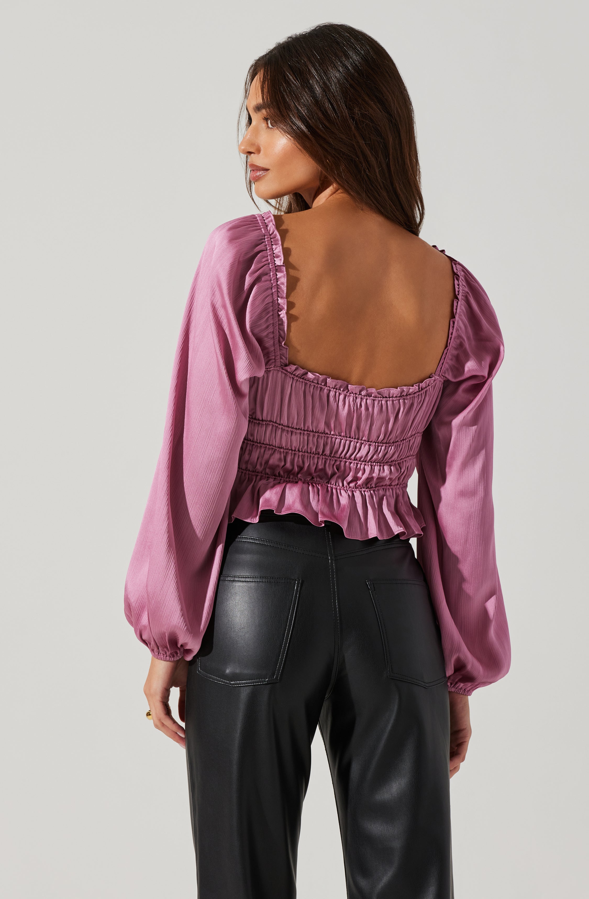 Rowan Satin Peplum Hem Long Sleeve Top-Aljck