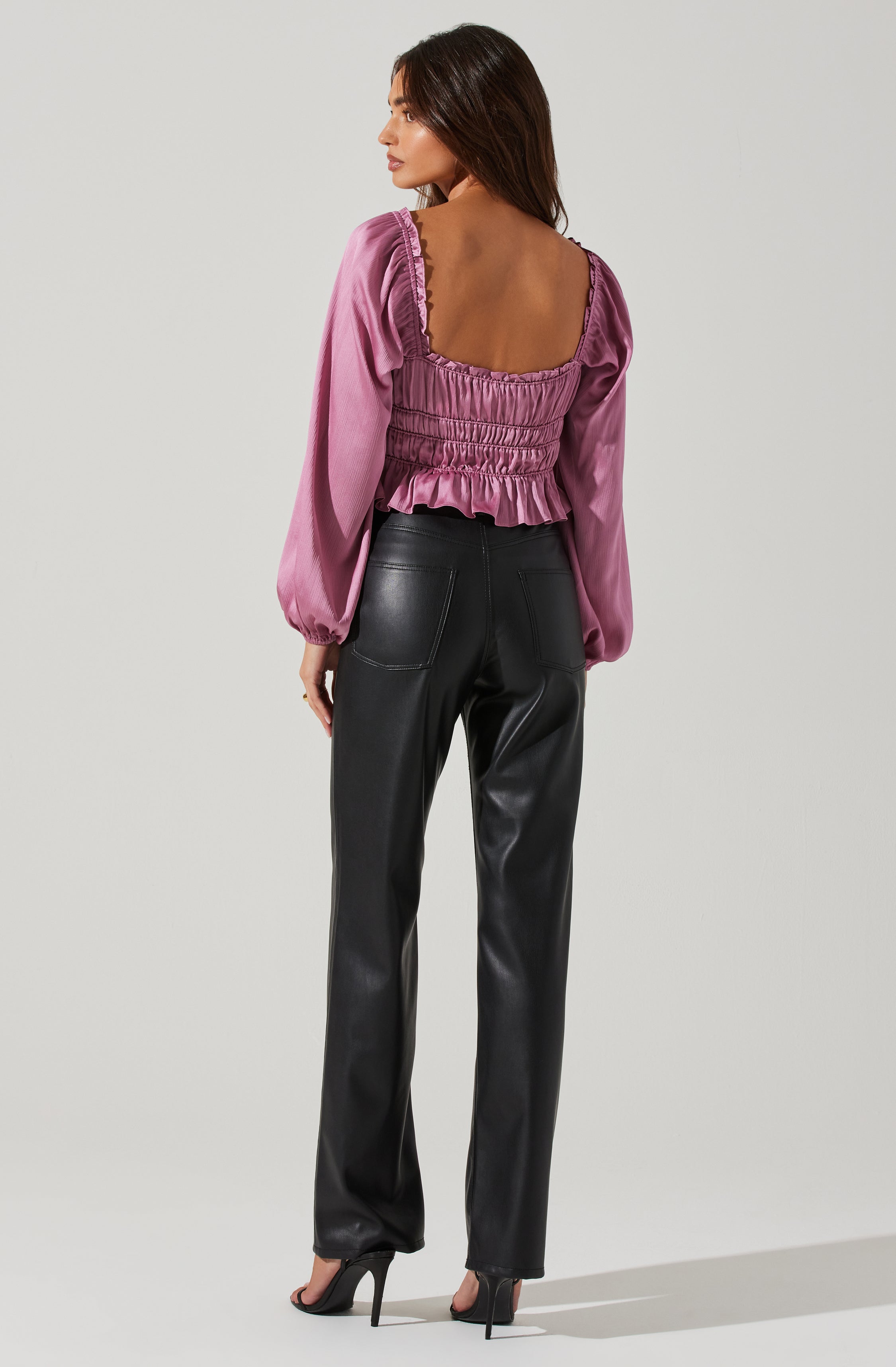 Rowan Satin Peplum Hem Long Sleeve Top-Aljck