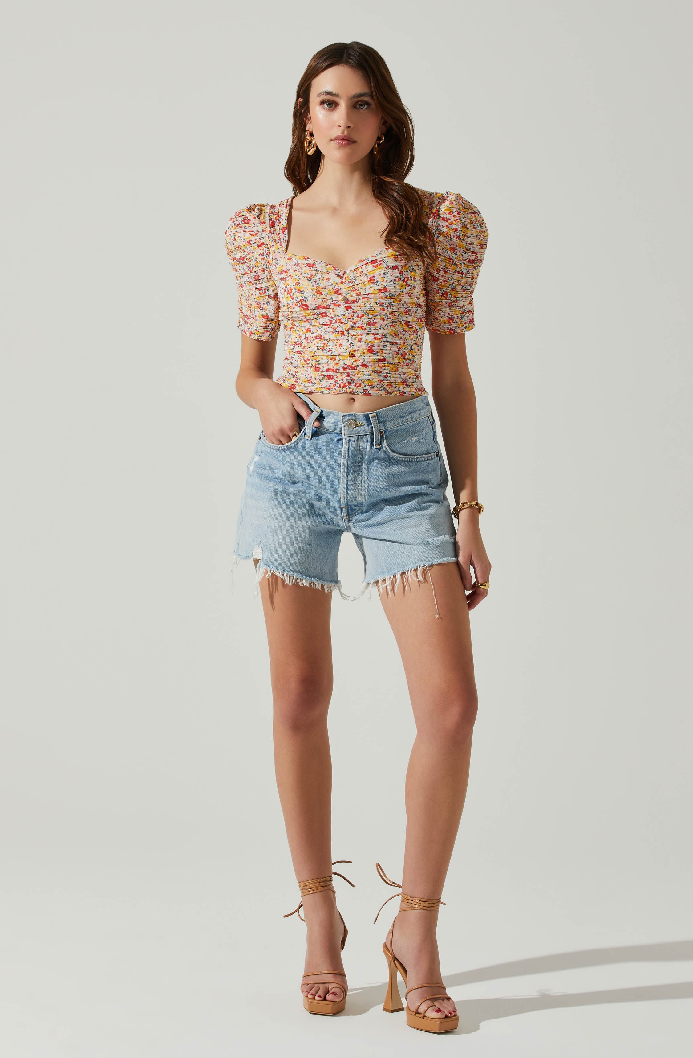 Floral Smocked Sweetheart Neck Puff Sleeve Top-Aljck