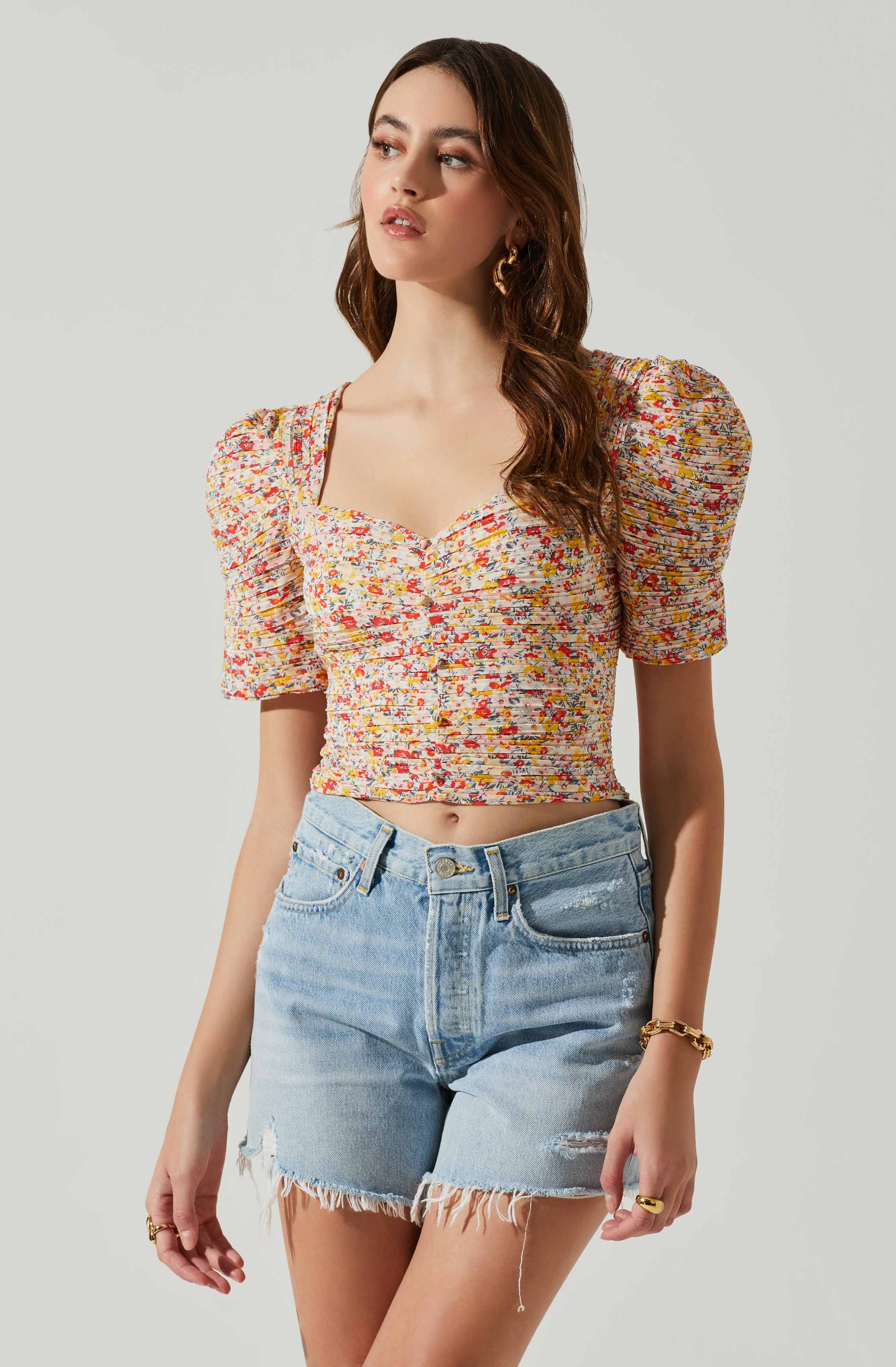 Floral Smocked Sweetheart Neck Puff Sleeve Top-Aljck