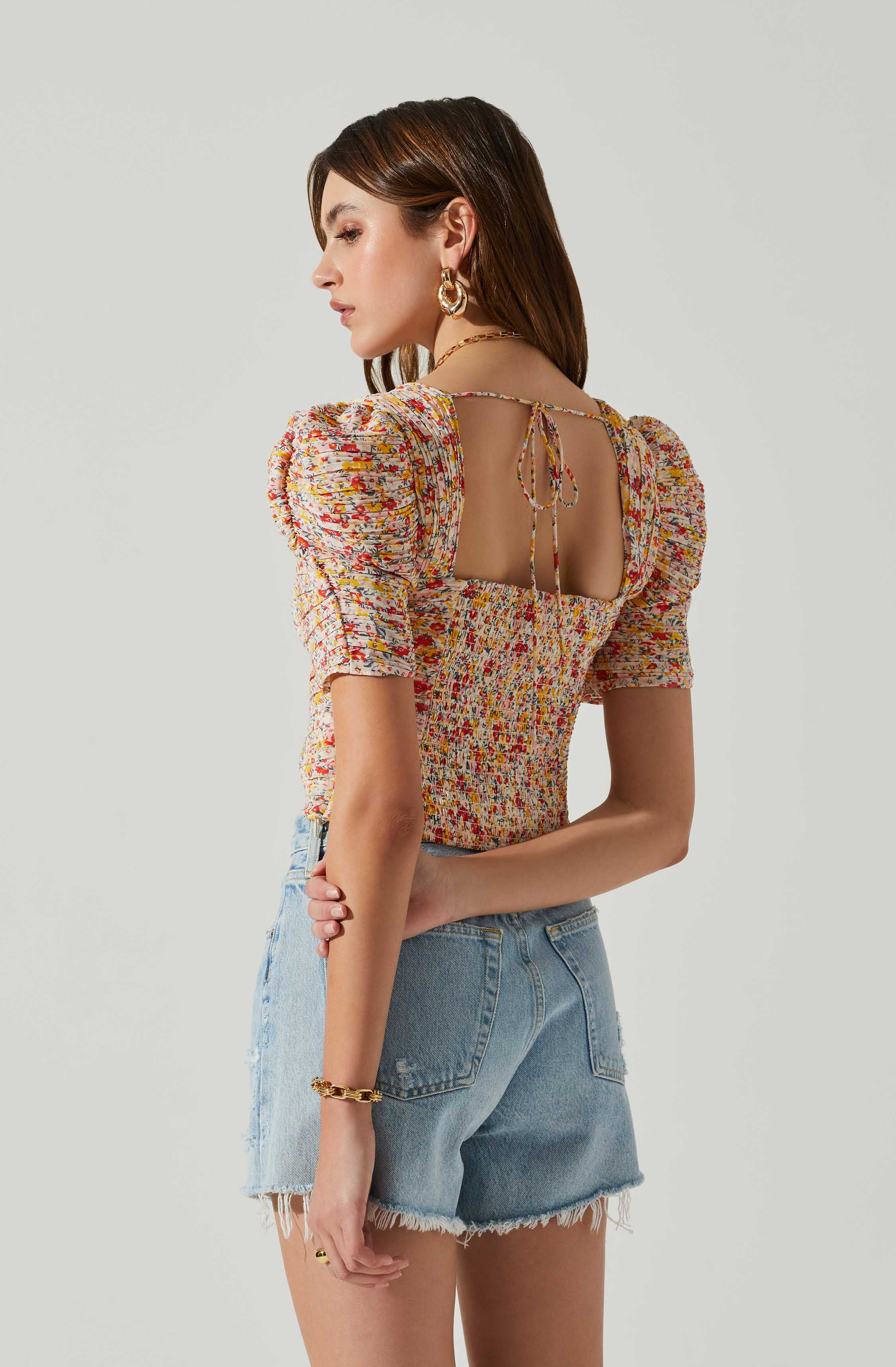 Floral Smocked Sweetheart Neck Puff Sleeve Top-Aljck