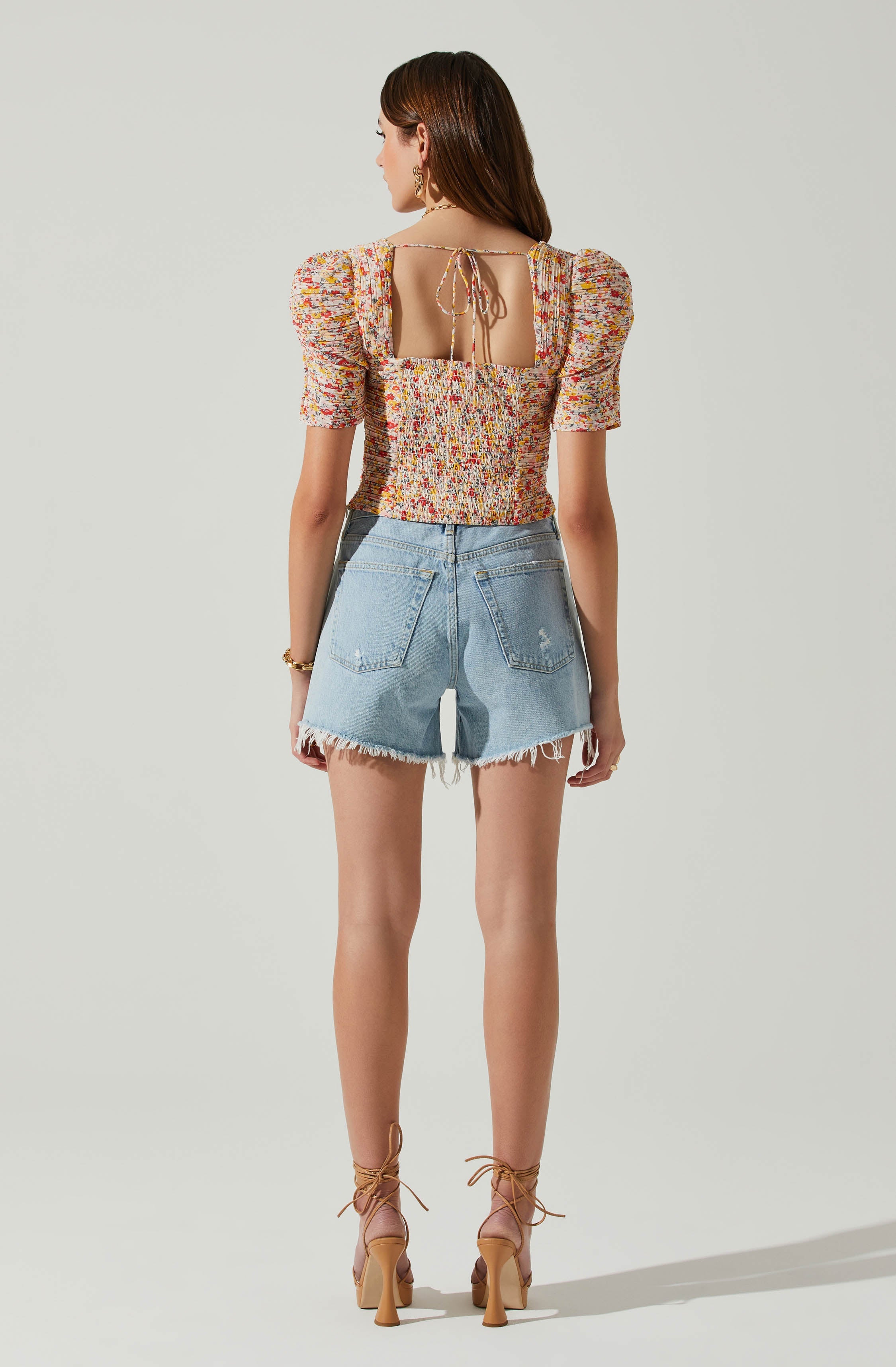 Floral Smocked Sweetheart Neck Puff Sleeve Top-Aljck