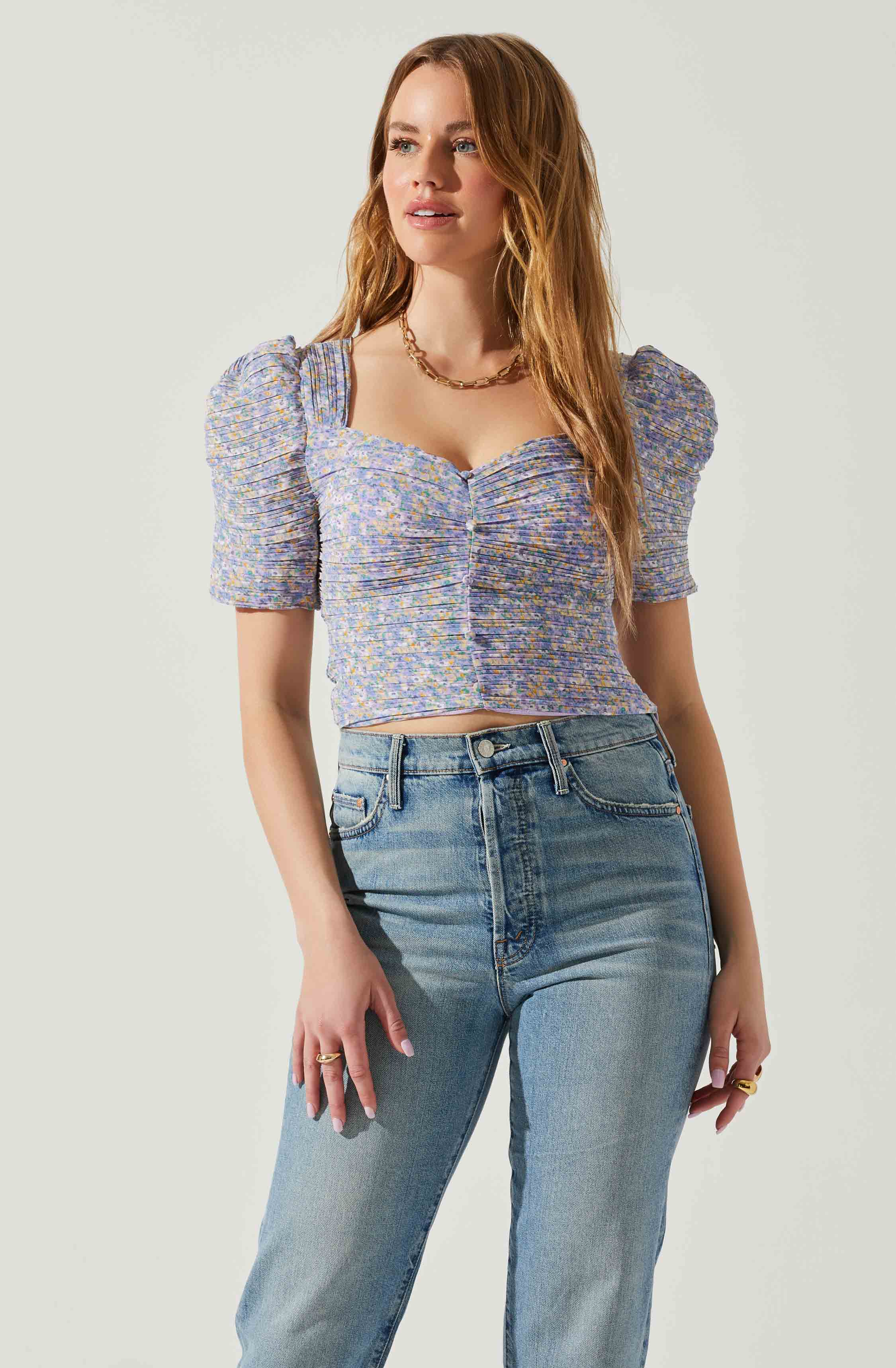 Floral Smocked Sweetheart Neck Puff Sleeve Top-Aljck