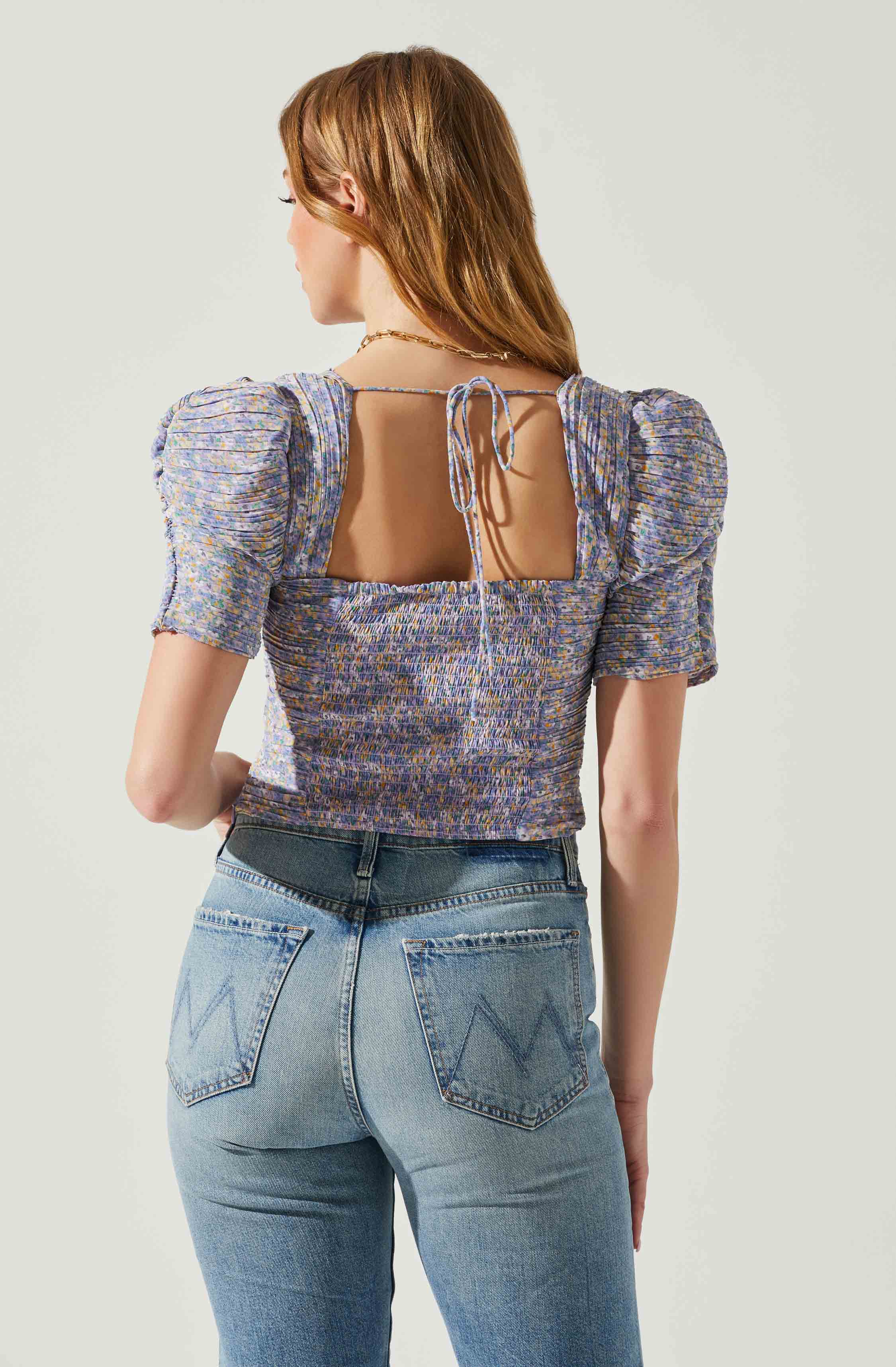 Floral Smocked Sweetheart Neck Puff Sleeve Top-Aljck