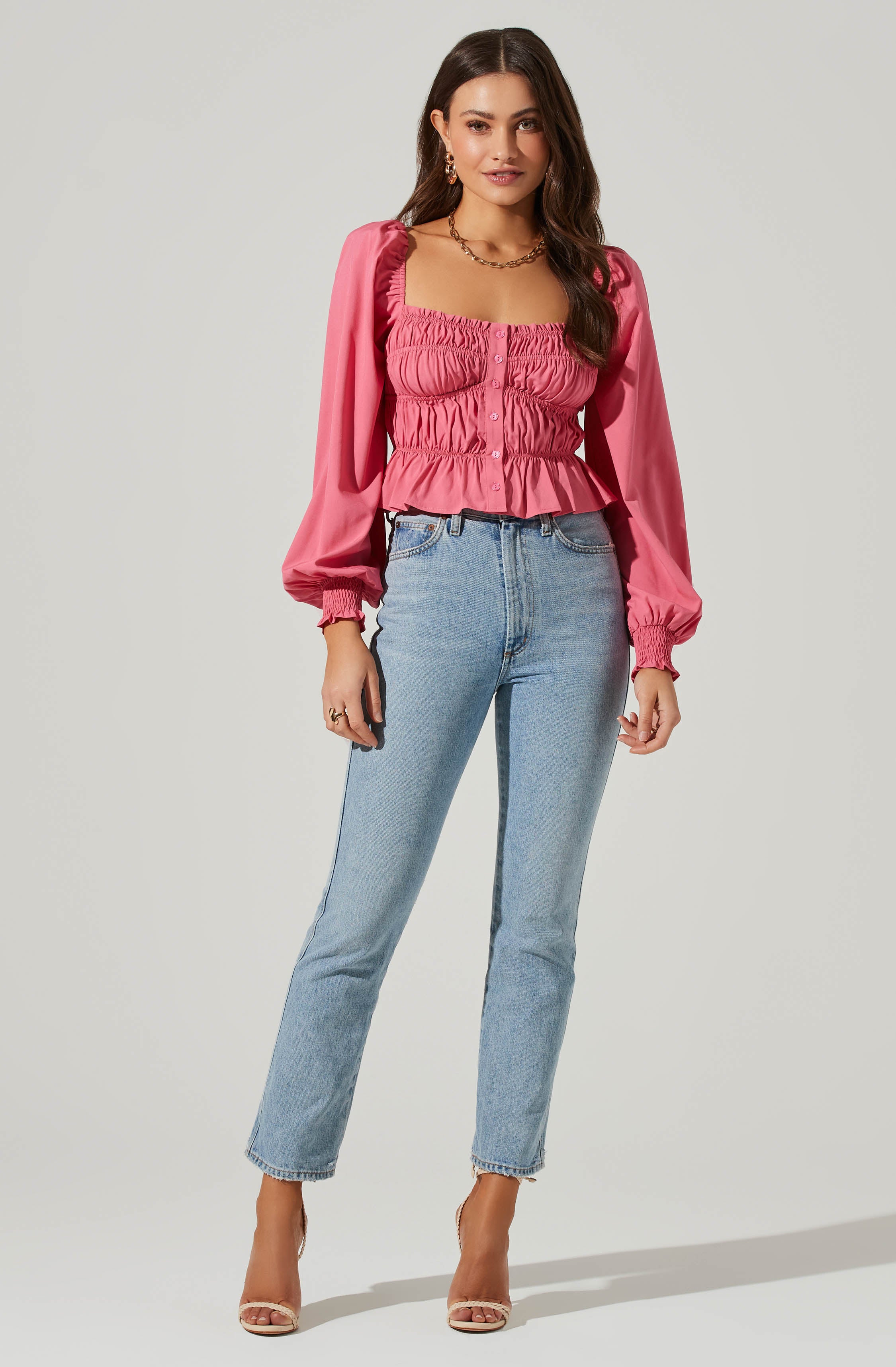 Long Sleeve Smocked Square Neck Top-Aljck