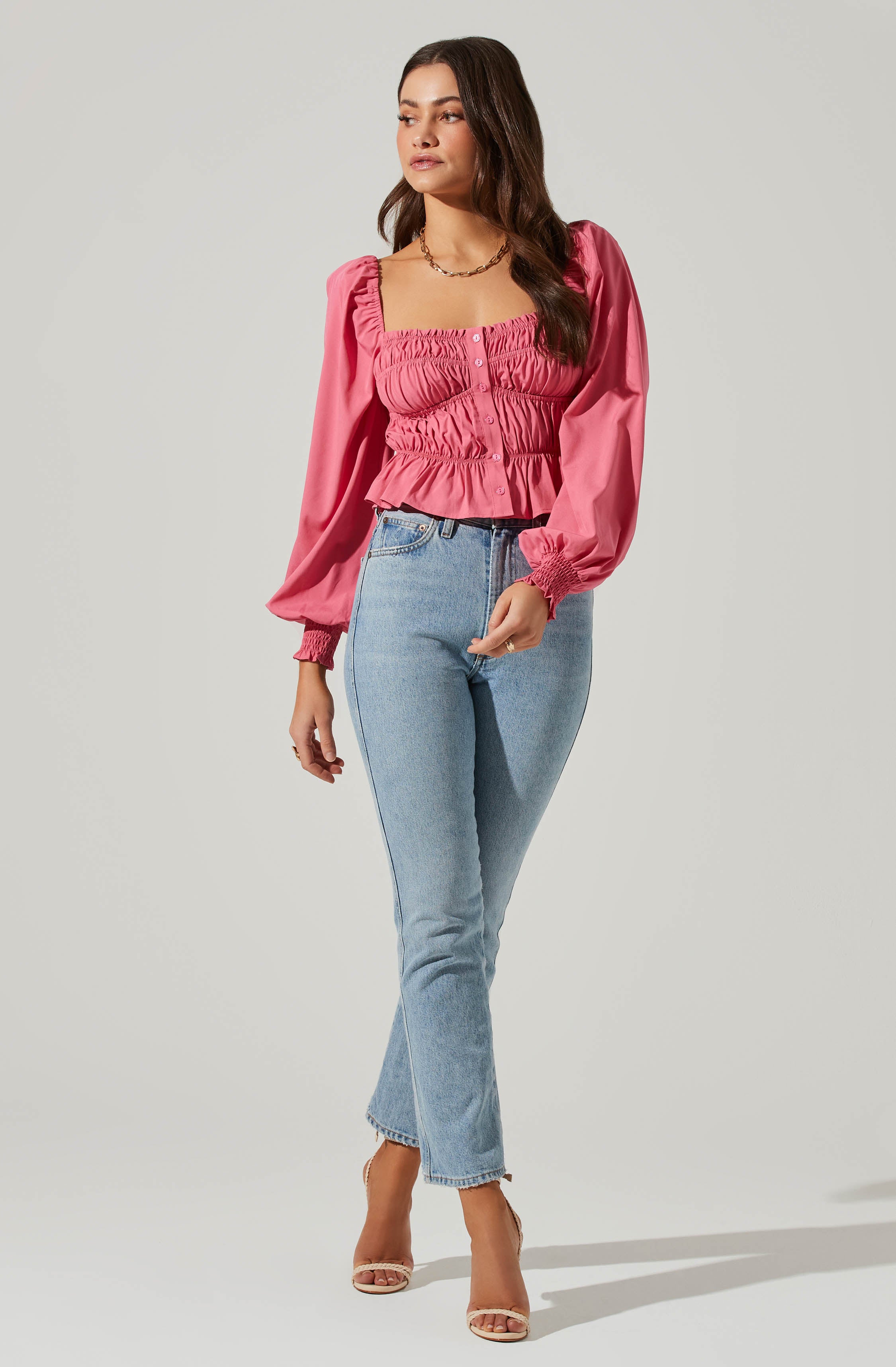 Long Sleeve Smocked Square Neck Top-Aljck