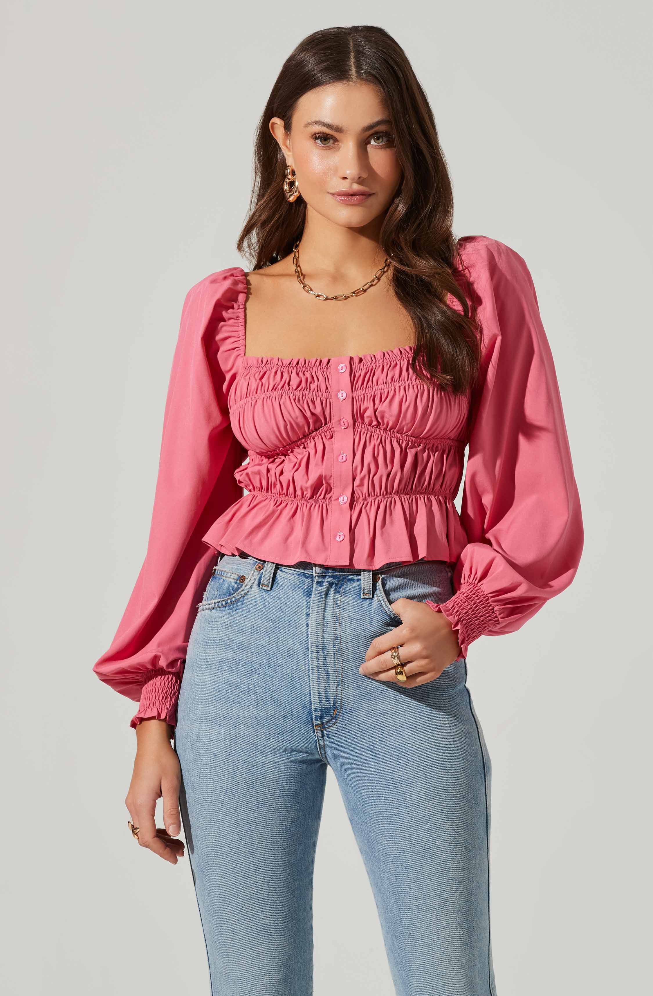 Long Sleeve Smocked Square Neck Top-Aljck