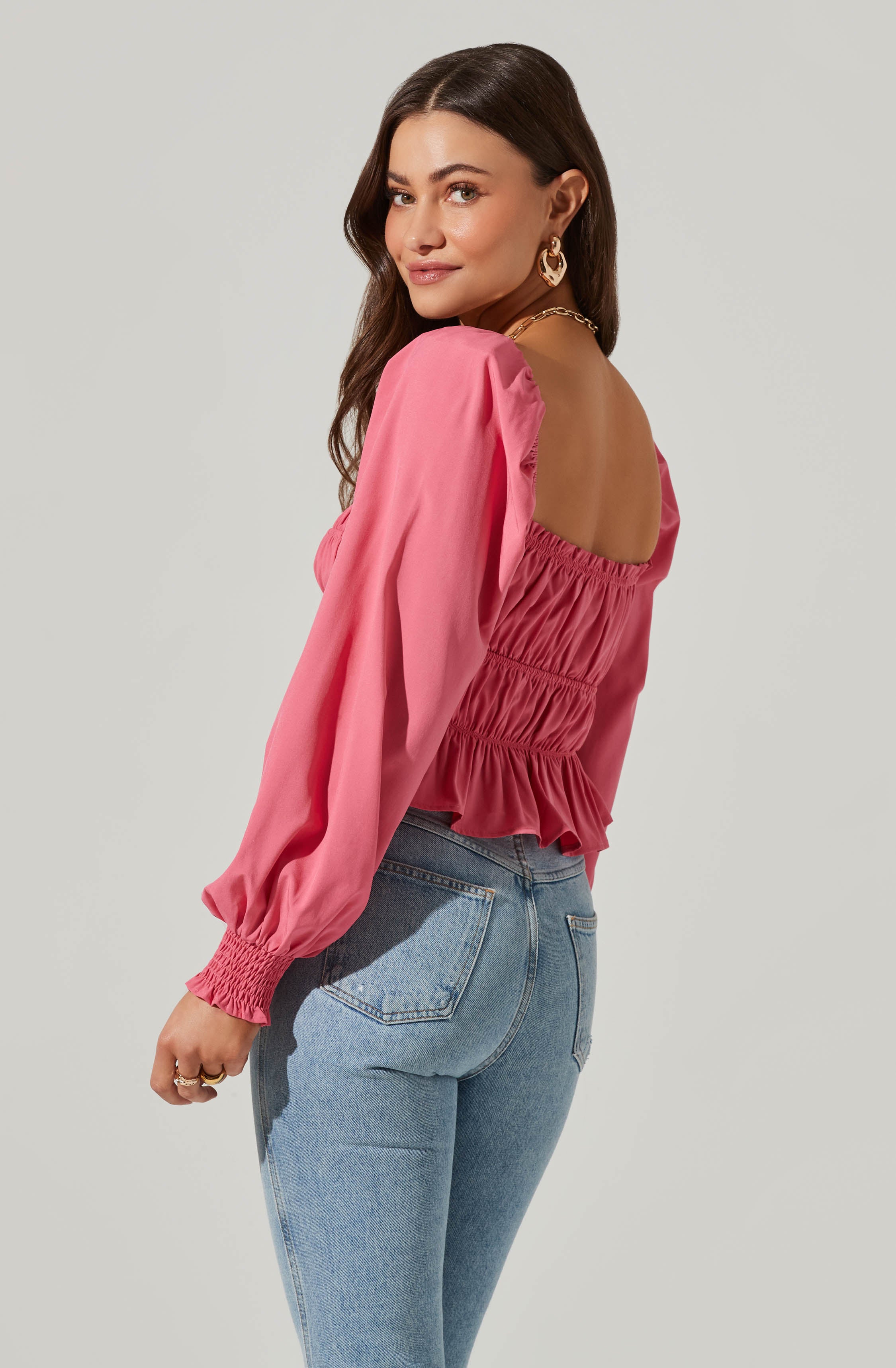 Long Sleeve Smocked Square Neck Top-Aljck