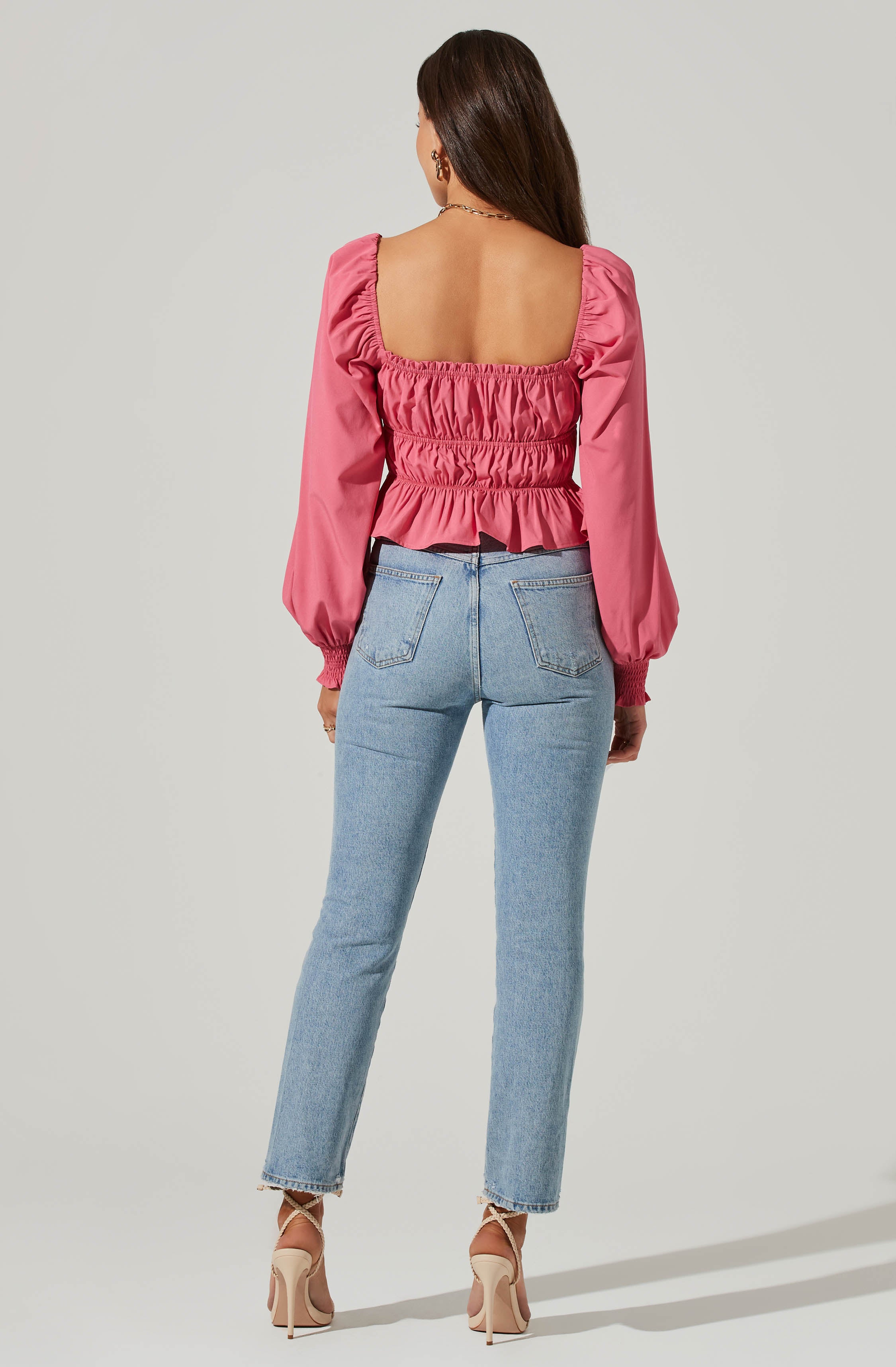 Long Sleeve Smocked Square Neck Top-Aljck