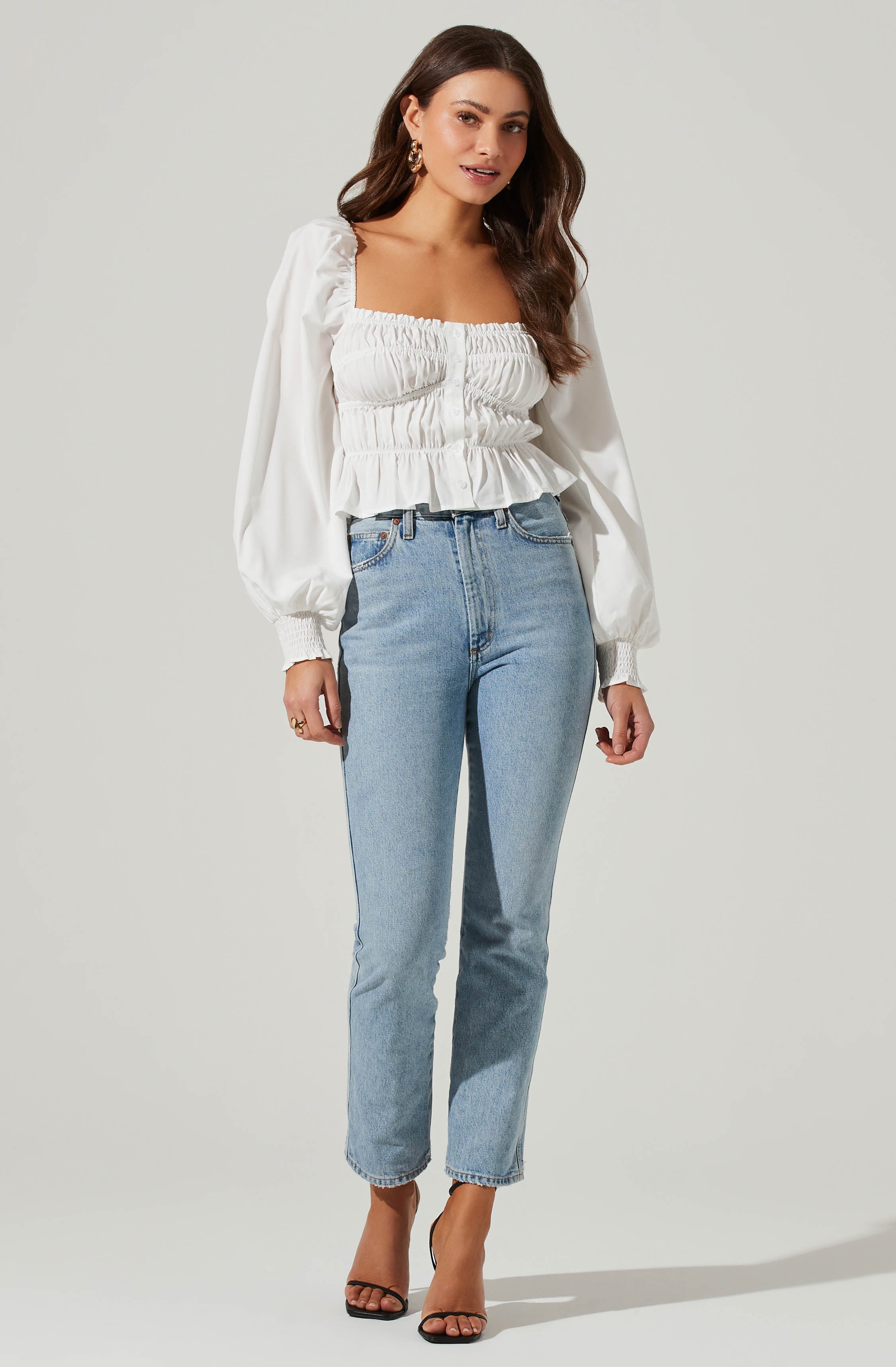 Long Sleeve Smocked Square Neck Top-Aljck