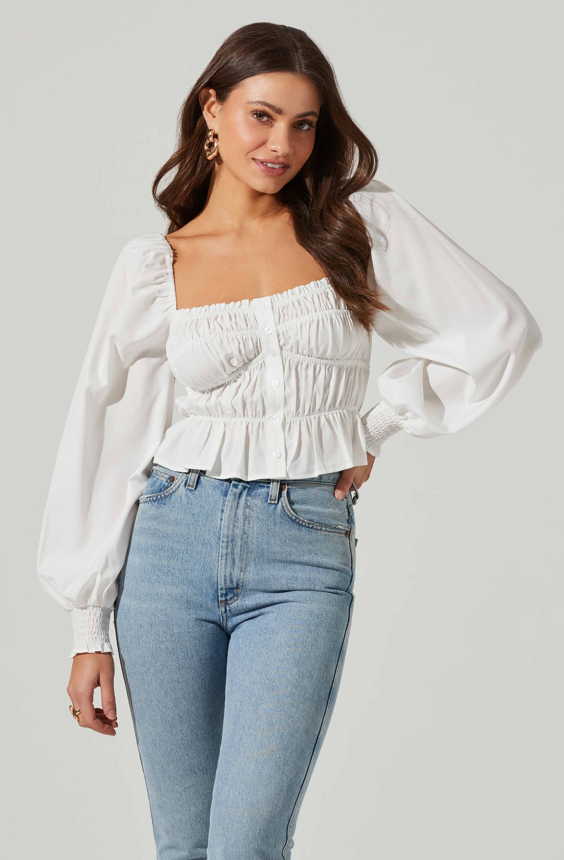 Long Sleeve Smocked Square Neck Top-Aljck