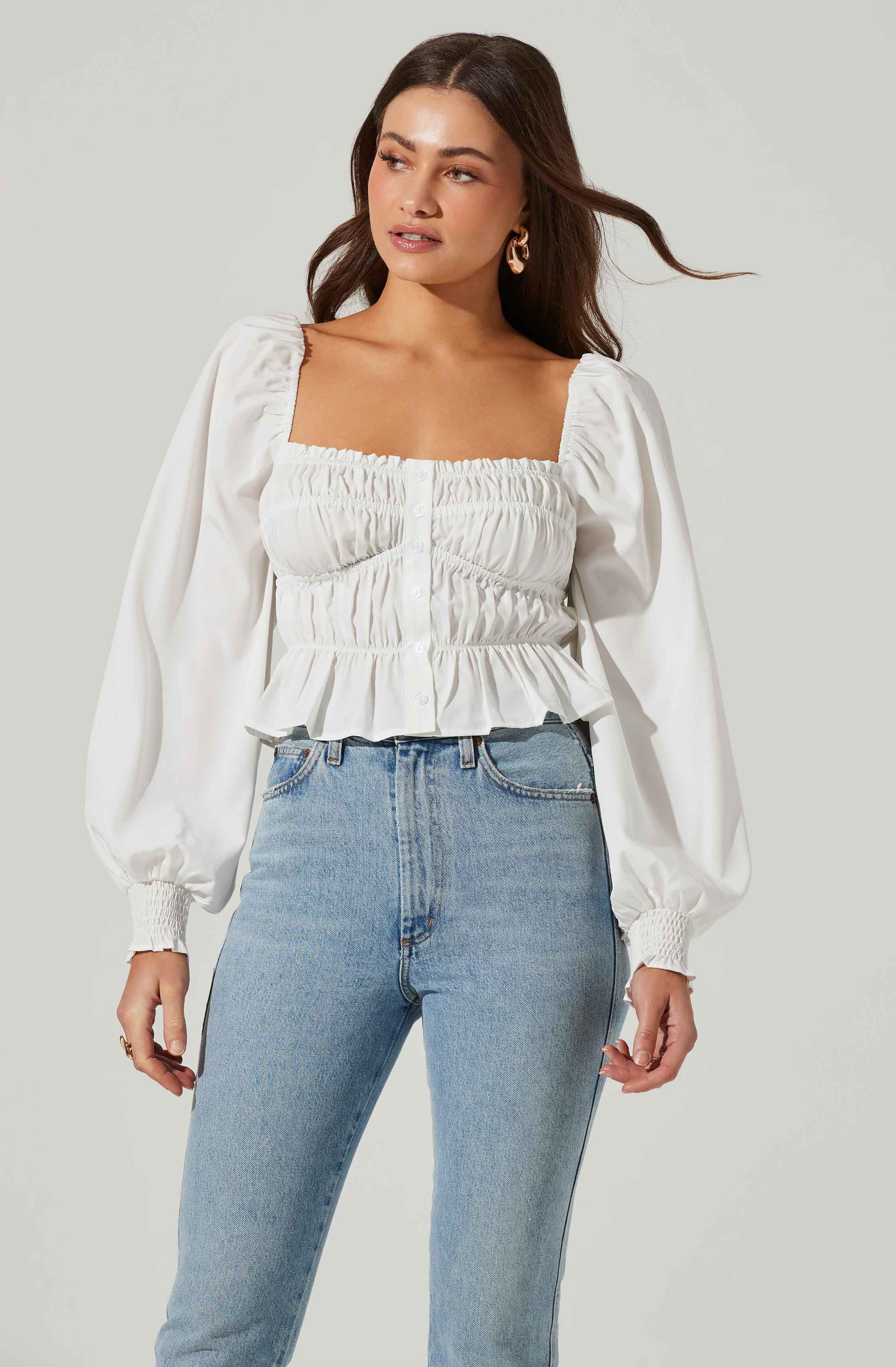 Long Sleeve Smocked Square Neck Top-Aljck