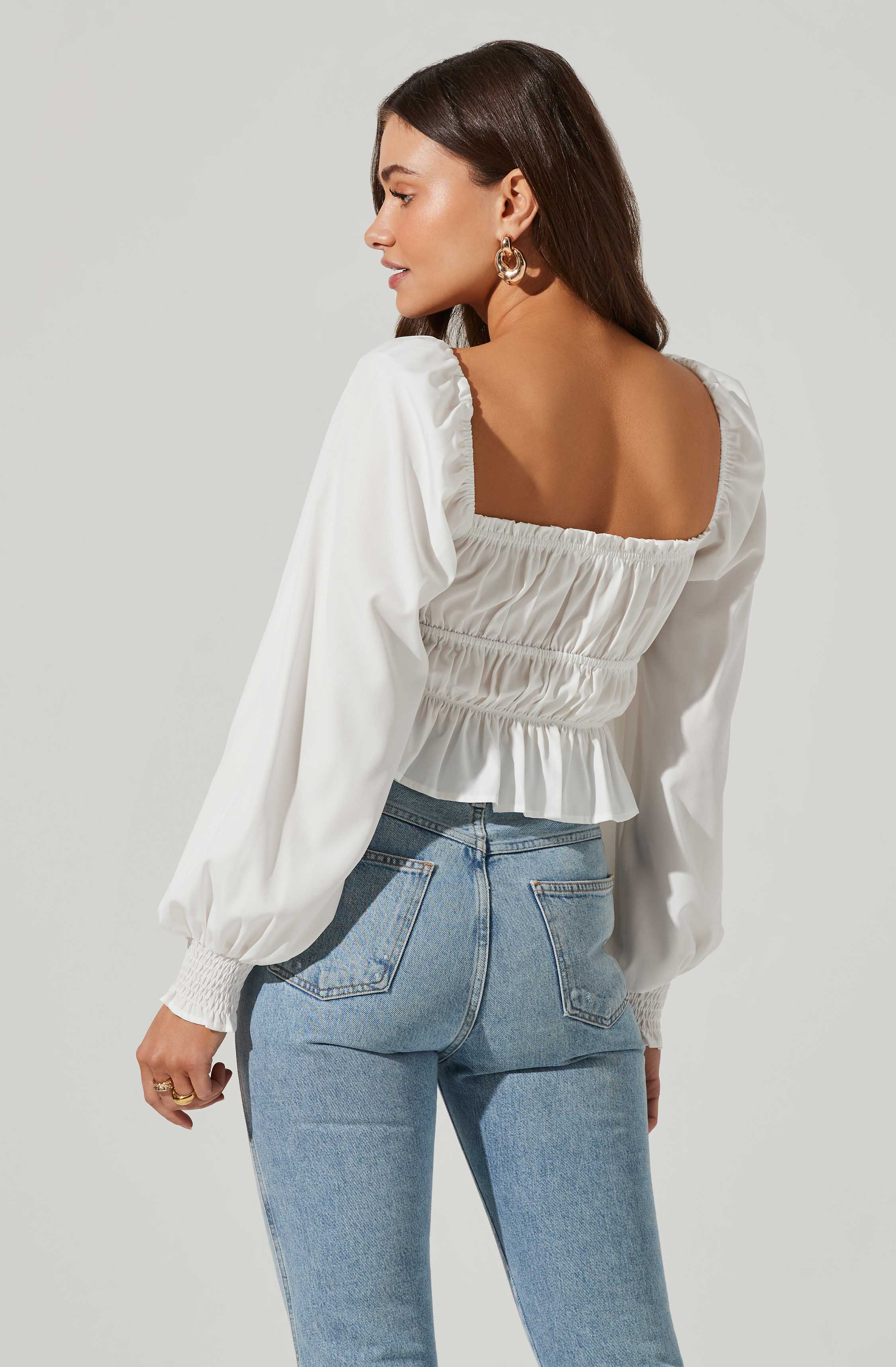 Long Sleeve Smocked Square Neck Top-Aljck