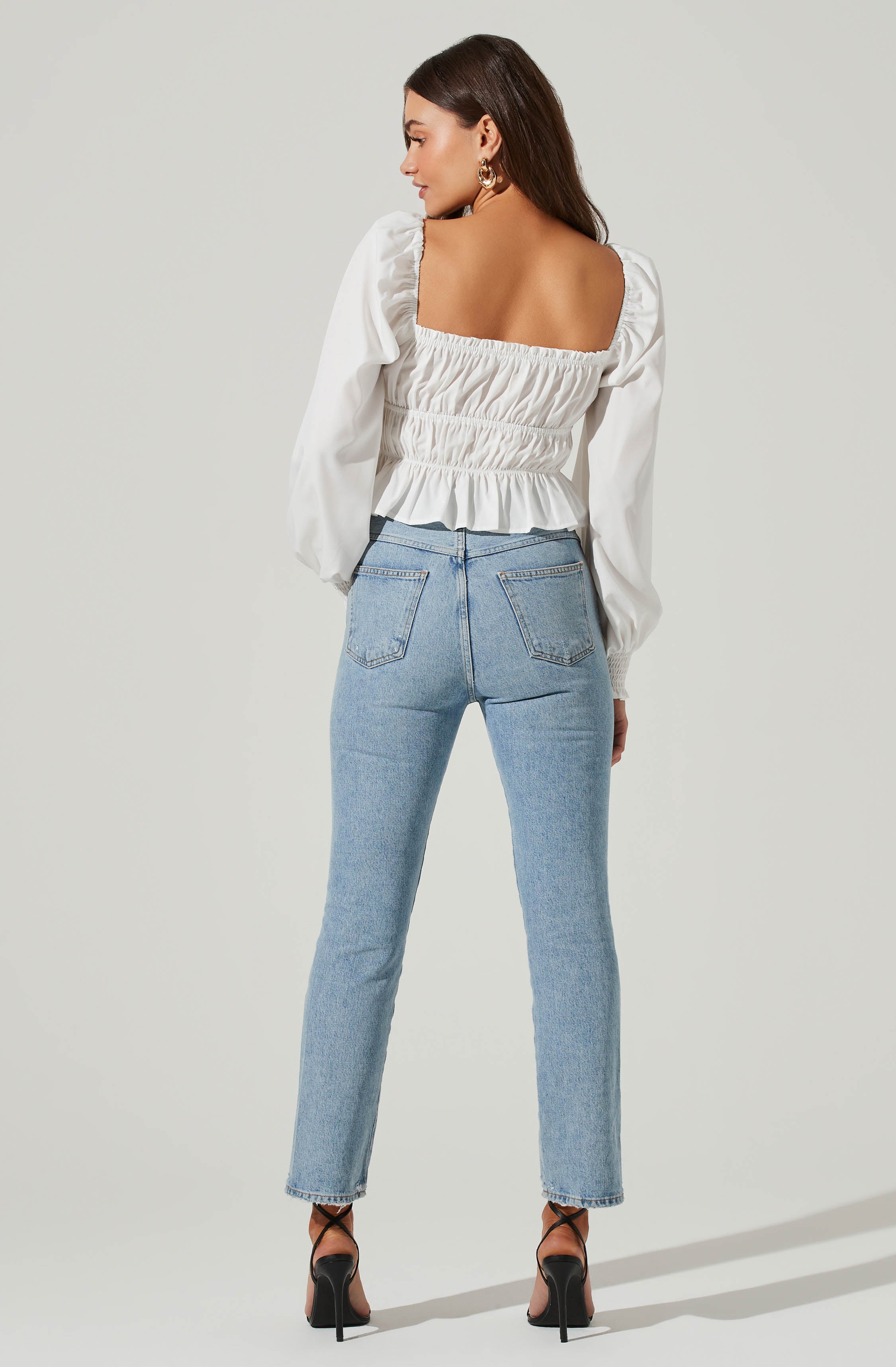 Long Sleeve Smocked Square Neck Top-Aljck