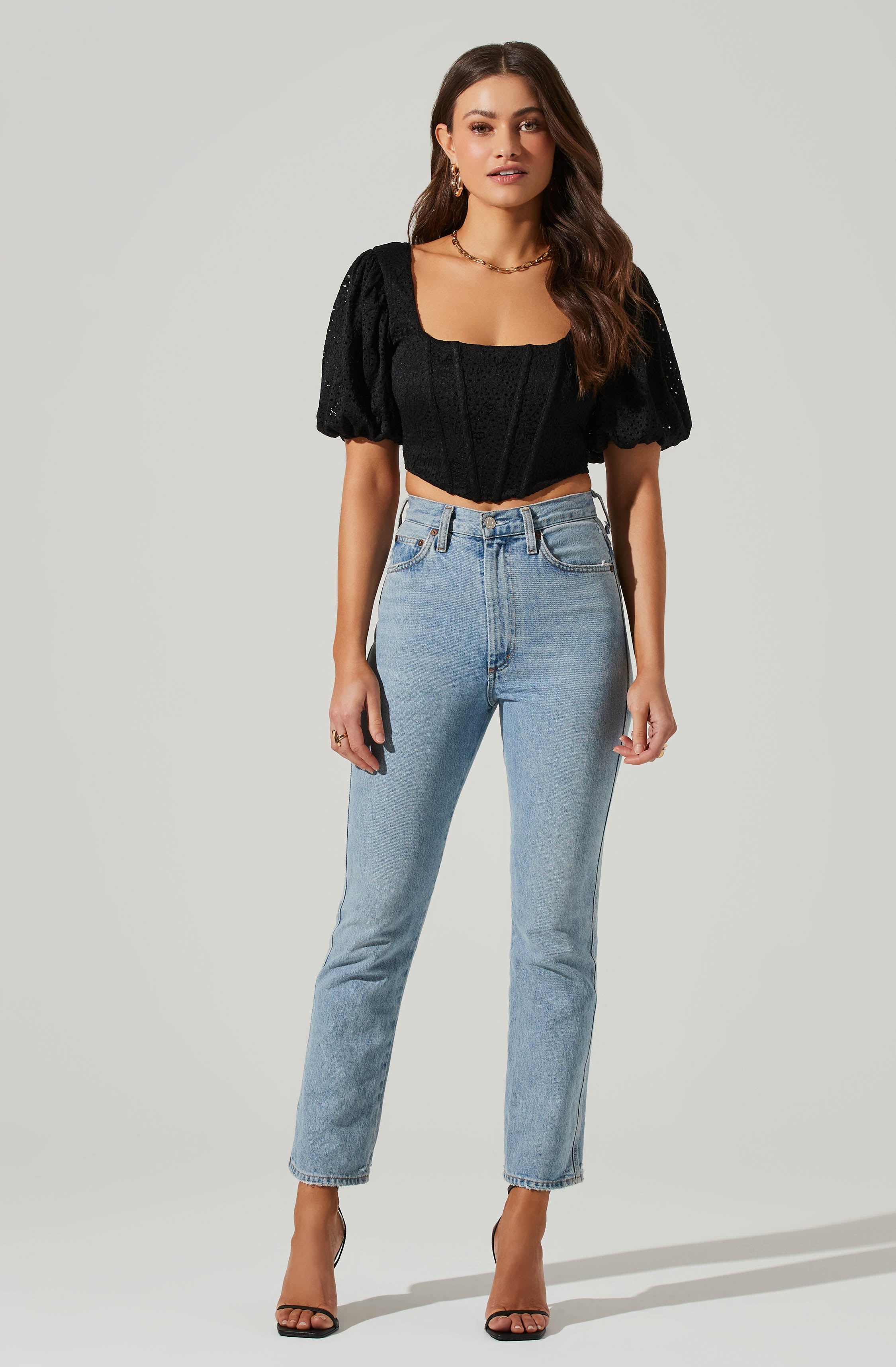 Eyelet Square Neck Balloon Sleeve Bustier Top-Aljck