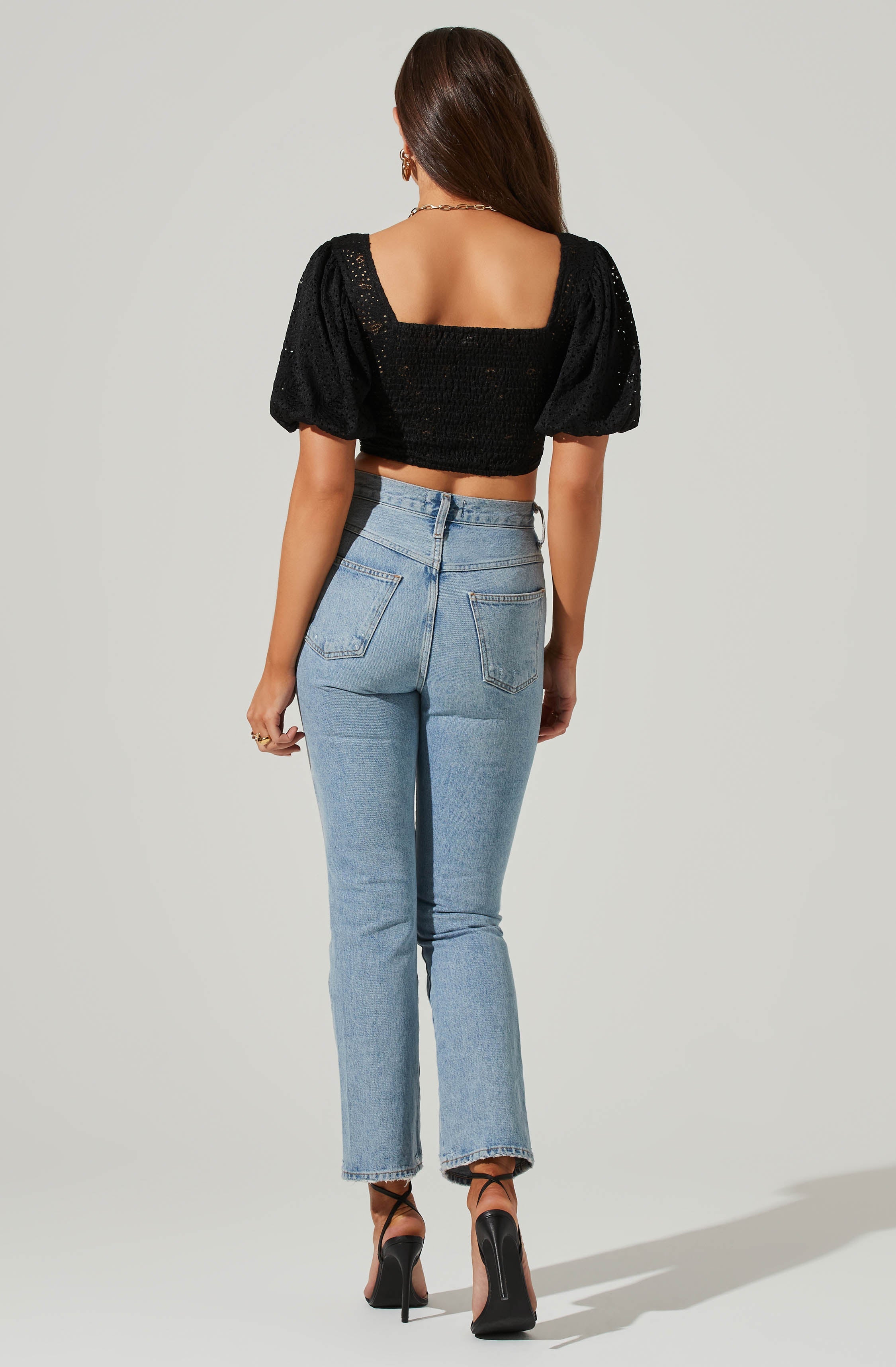 Eyelet Square Neck Balloon Sleeve Bustier Top-Aljck