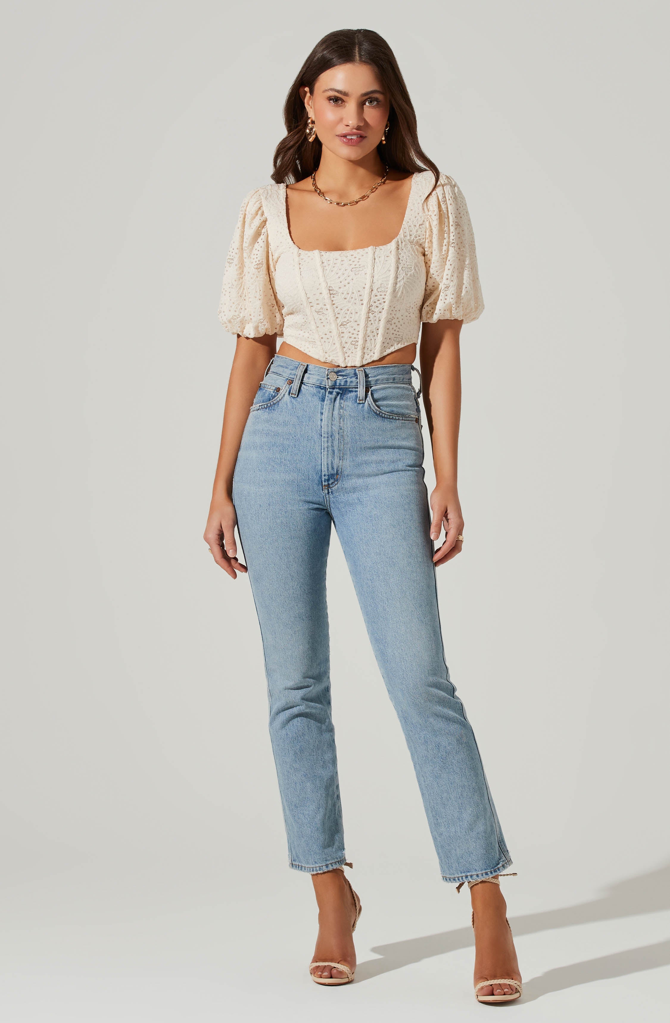 Eyelet Square Neck Balloon Sleeve Bustier Top-Aljck