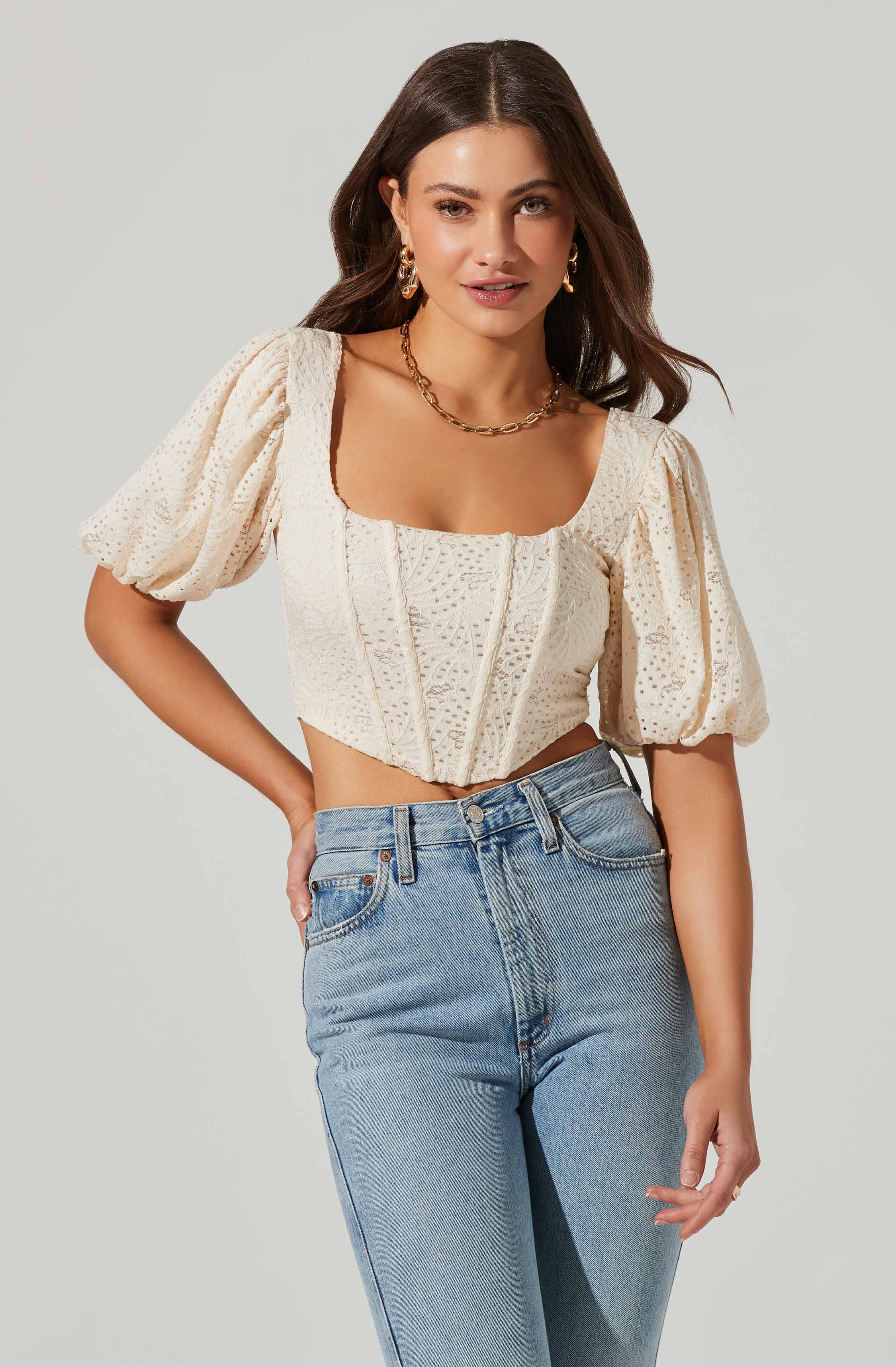 Eyelet Square Neck Balloon Sleeve Bustier Top-Aljck
