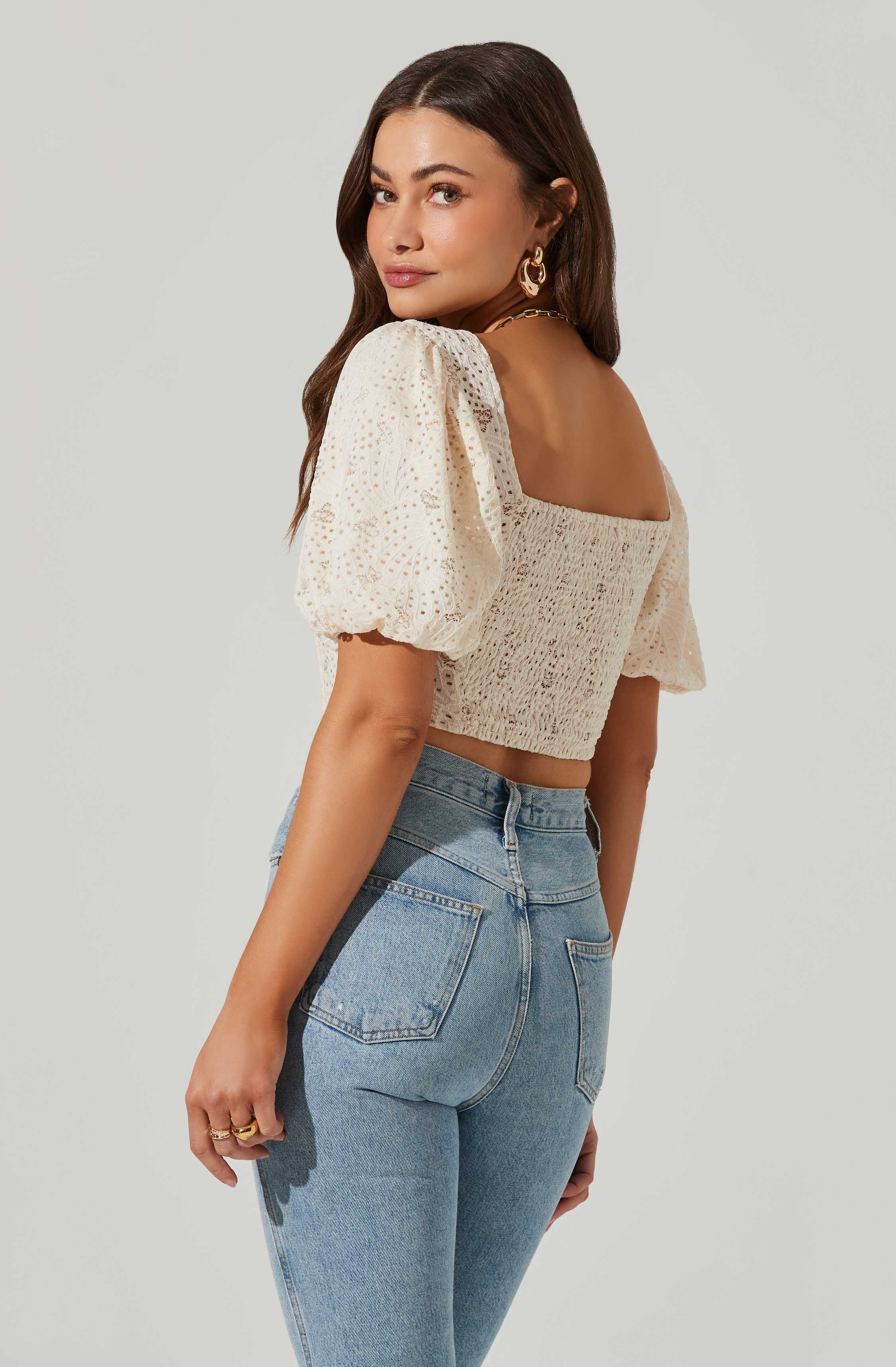 Eyelet Square Neck Balloon Sleeve Bustier Top-Aljck
