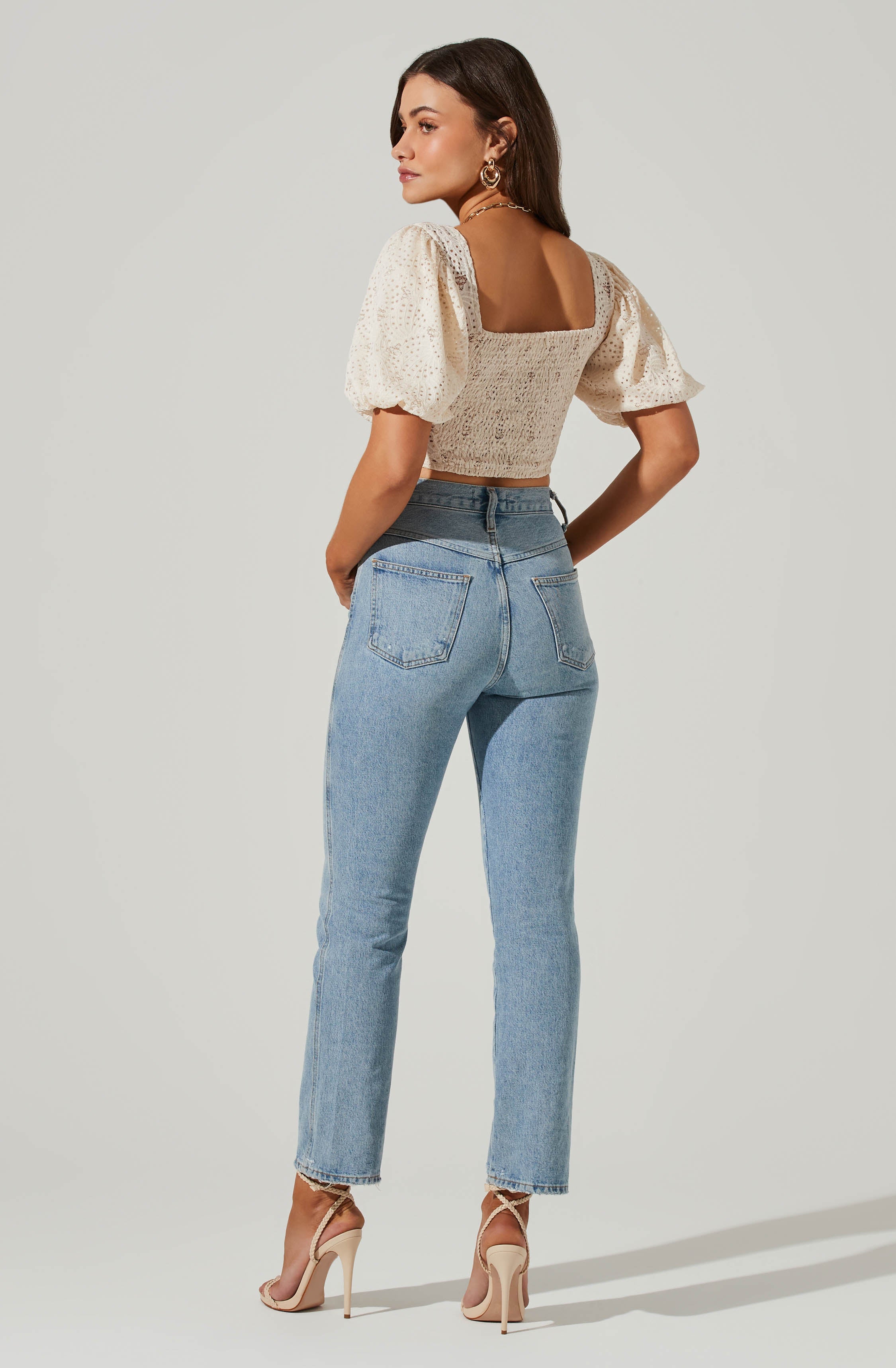 Eyelet Square Neck Balloon Sleeve Bustier Top-Aljck