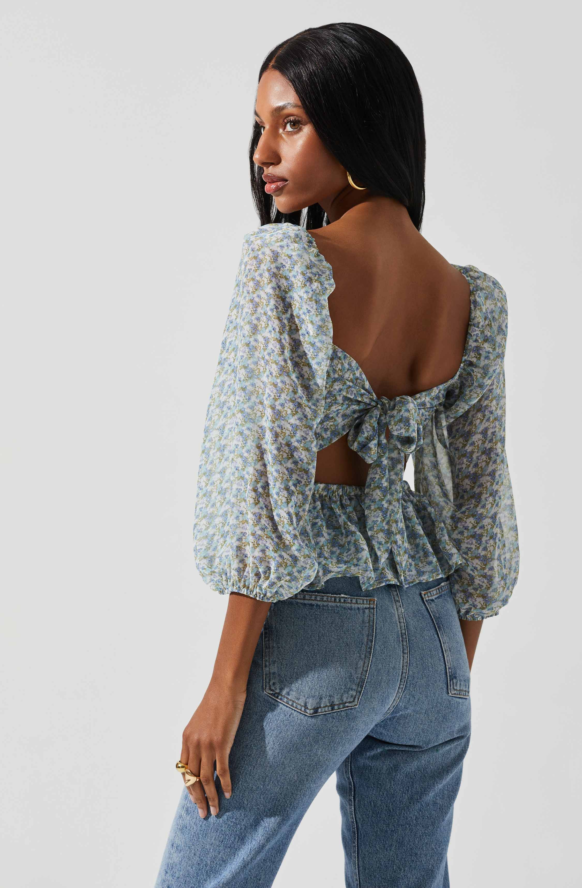 Floral Smocked Tie Back Top-Aljck