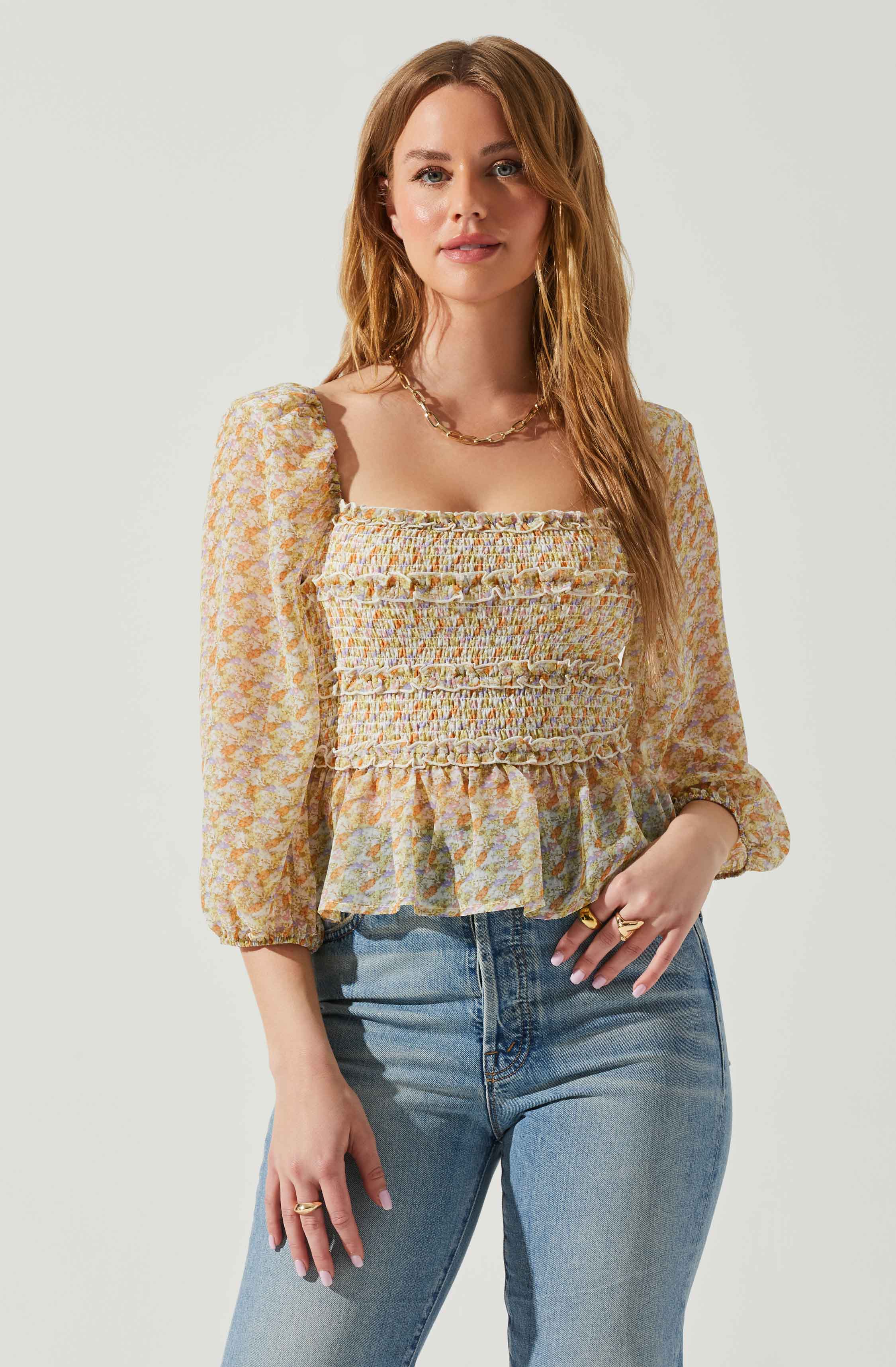 Floral Smocked Tie Back Top-Aljck