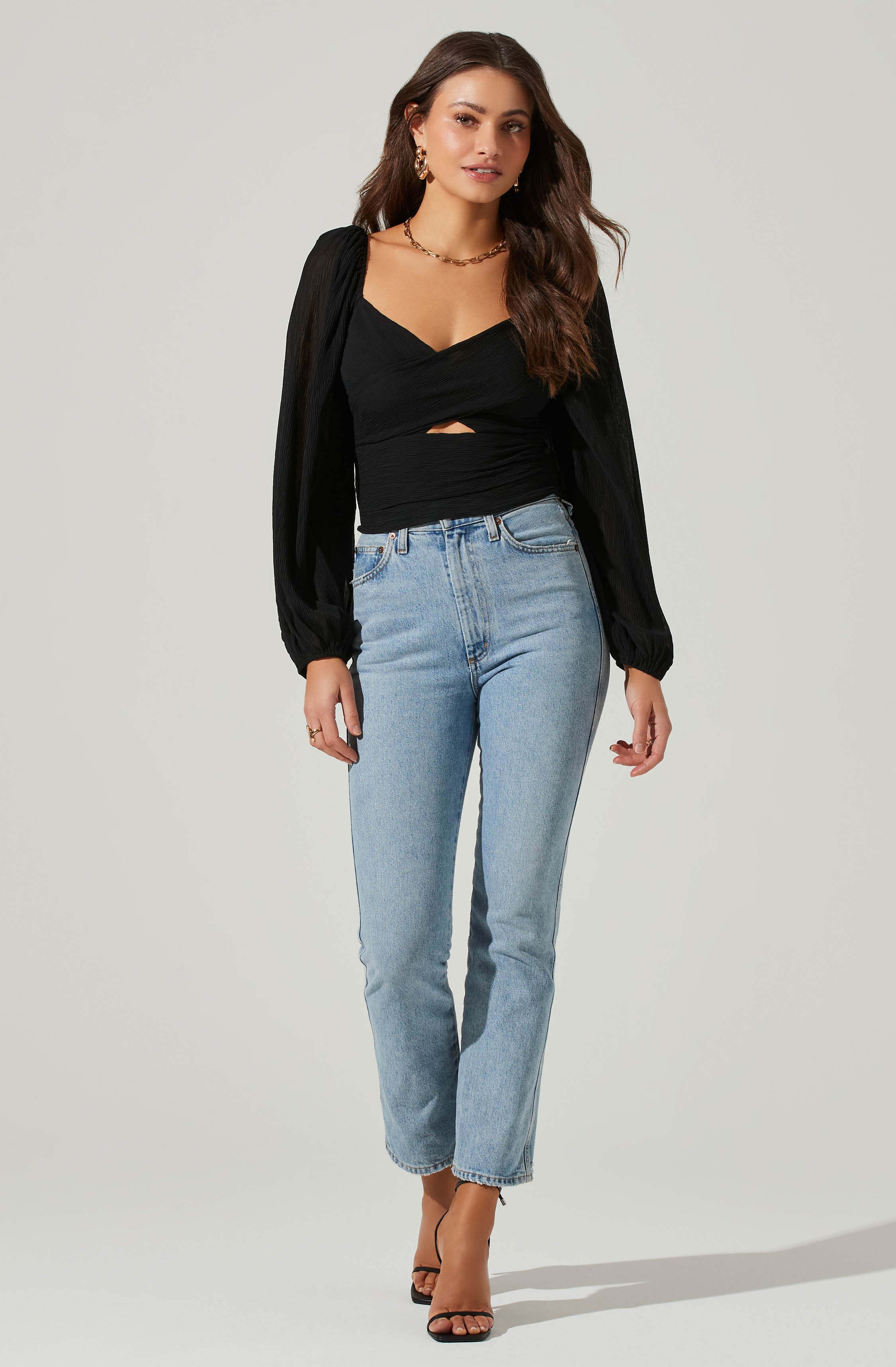 Long Sleeve Plisse Cross Bust Top-Aljck