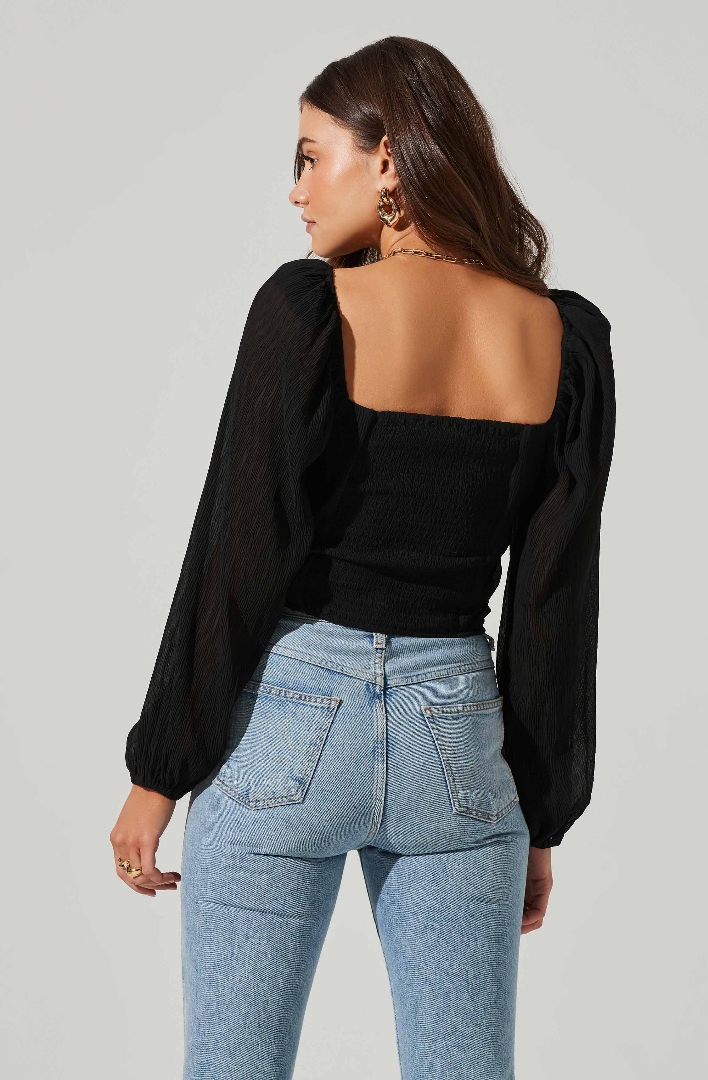 Long Sleeve Plisse Cross Bust Top-Aljck