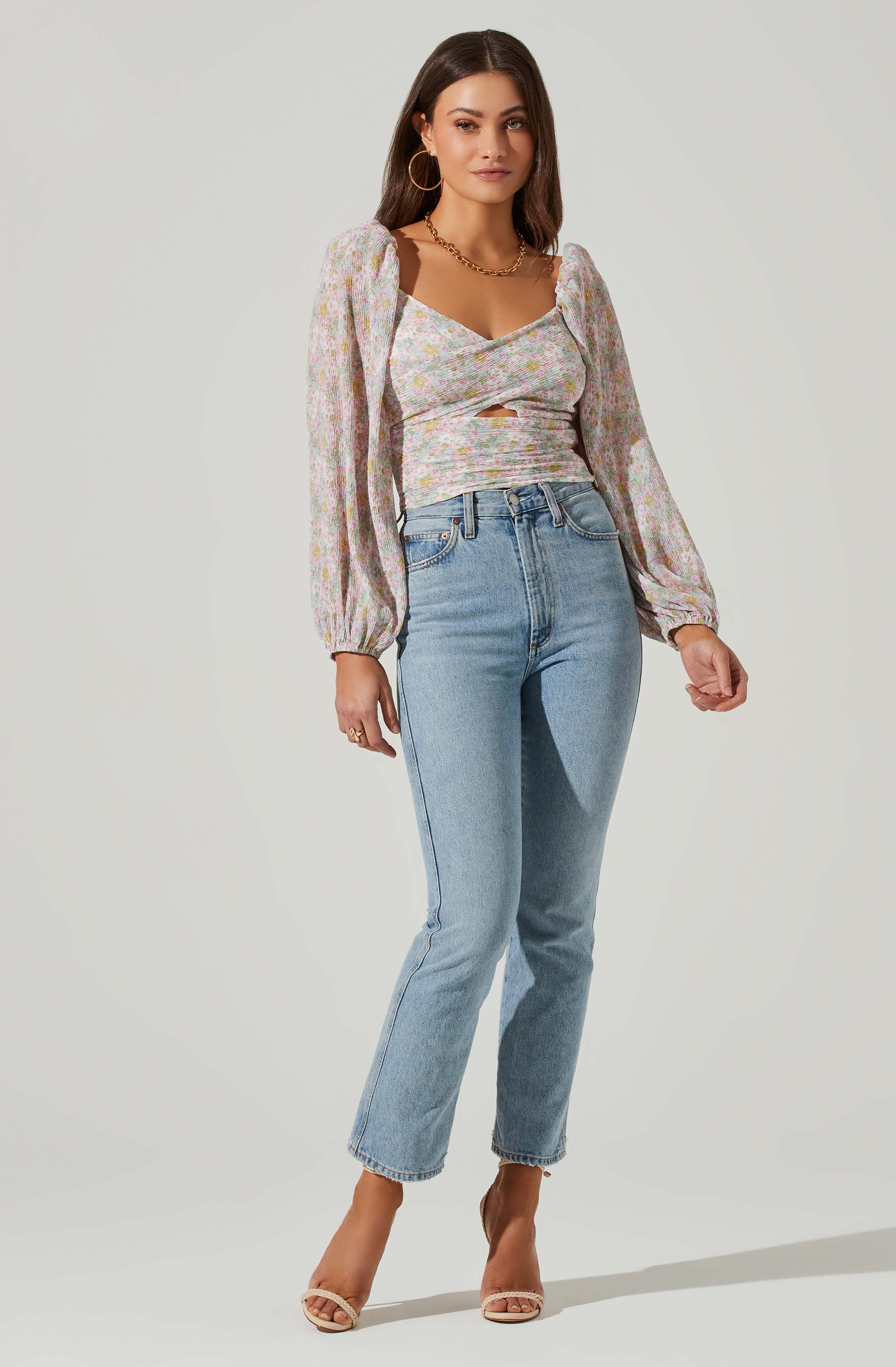 Long Sleeve Plisse Cross Bust Top-Aljck