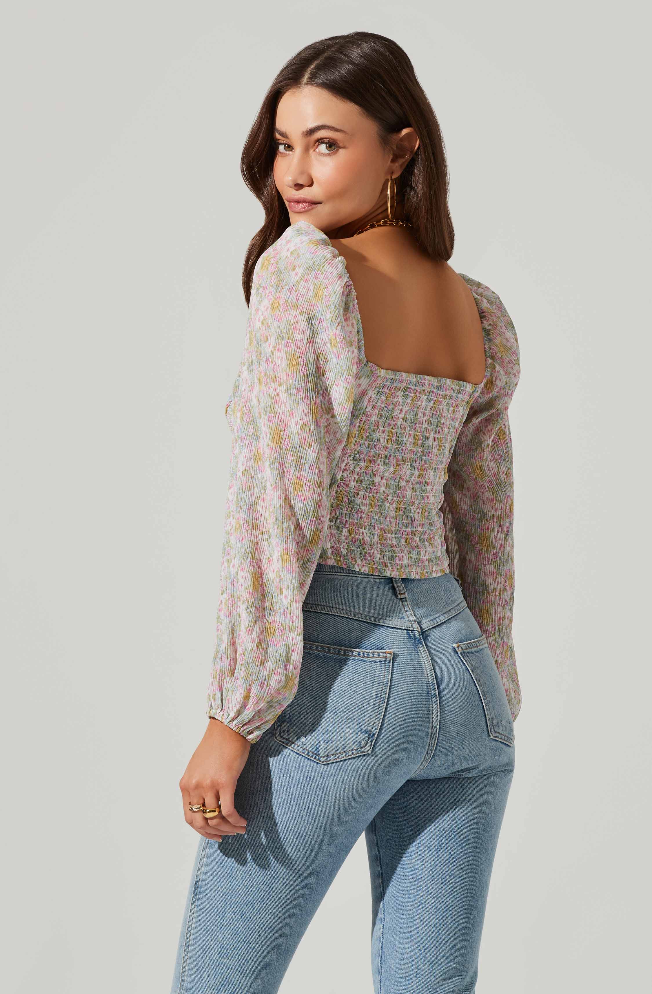 Long Sleeve Plisse Cross Bust Top-Aljck