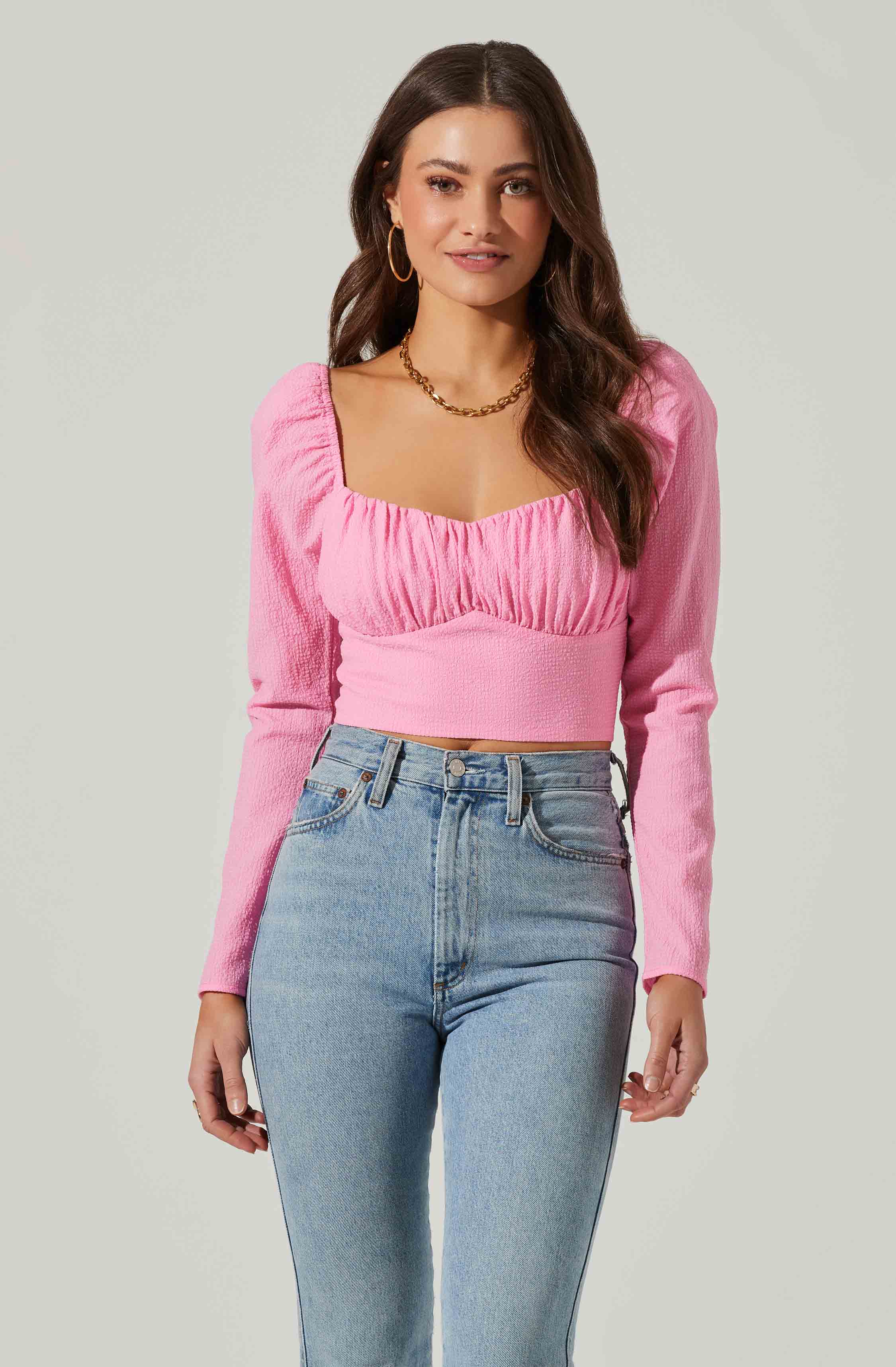 Long Sleeve Sweetheart Neck Crop Top-Aljck
