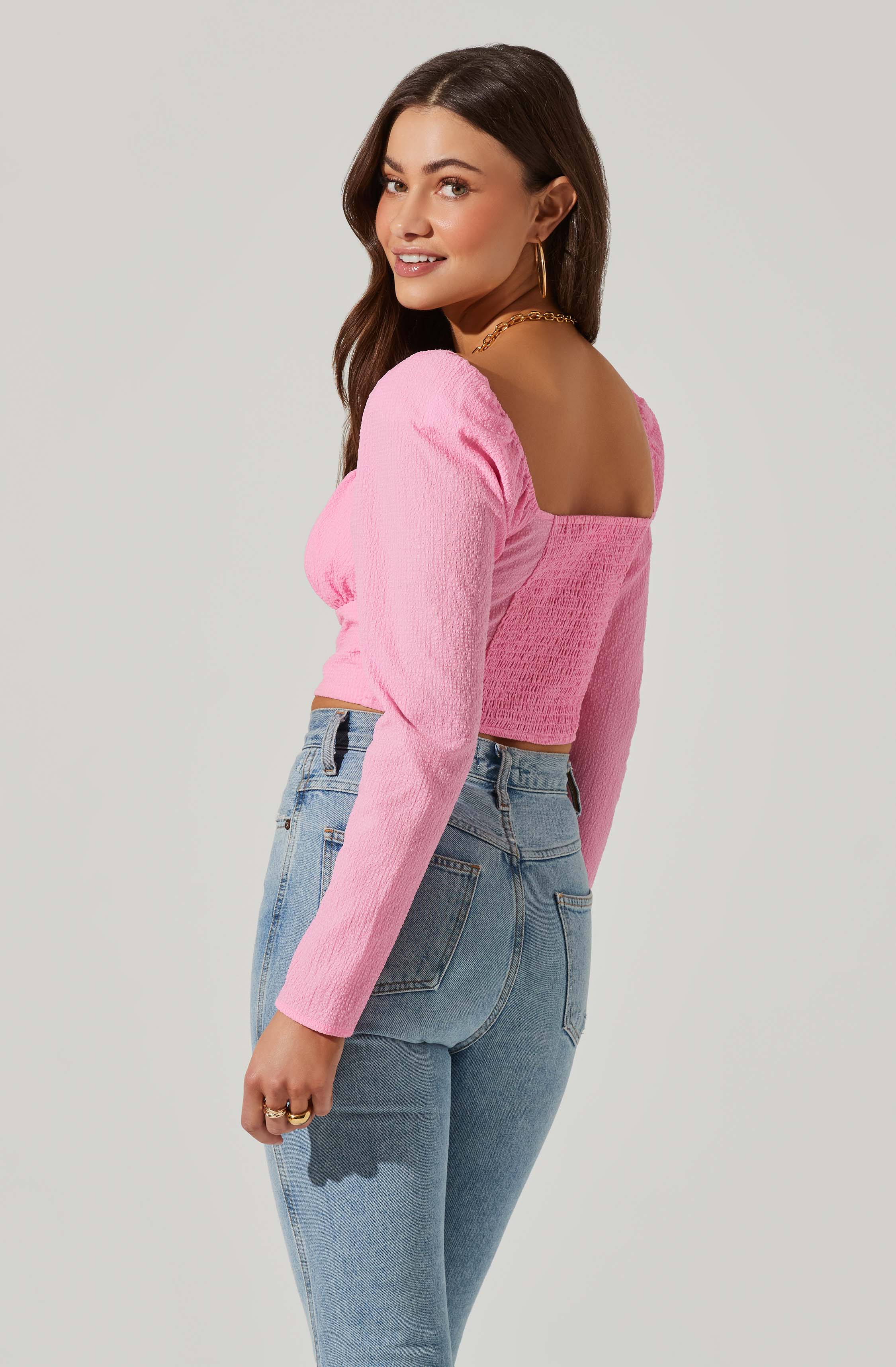 Long Sleeve Sweetheart Neck Crop Top-Aljck