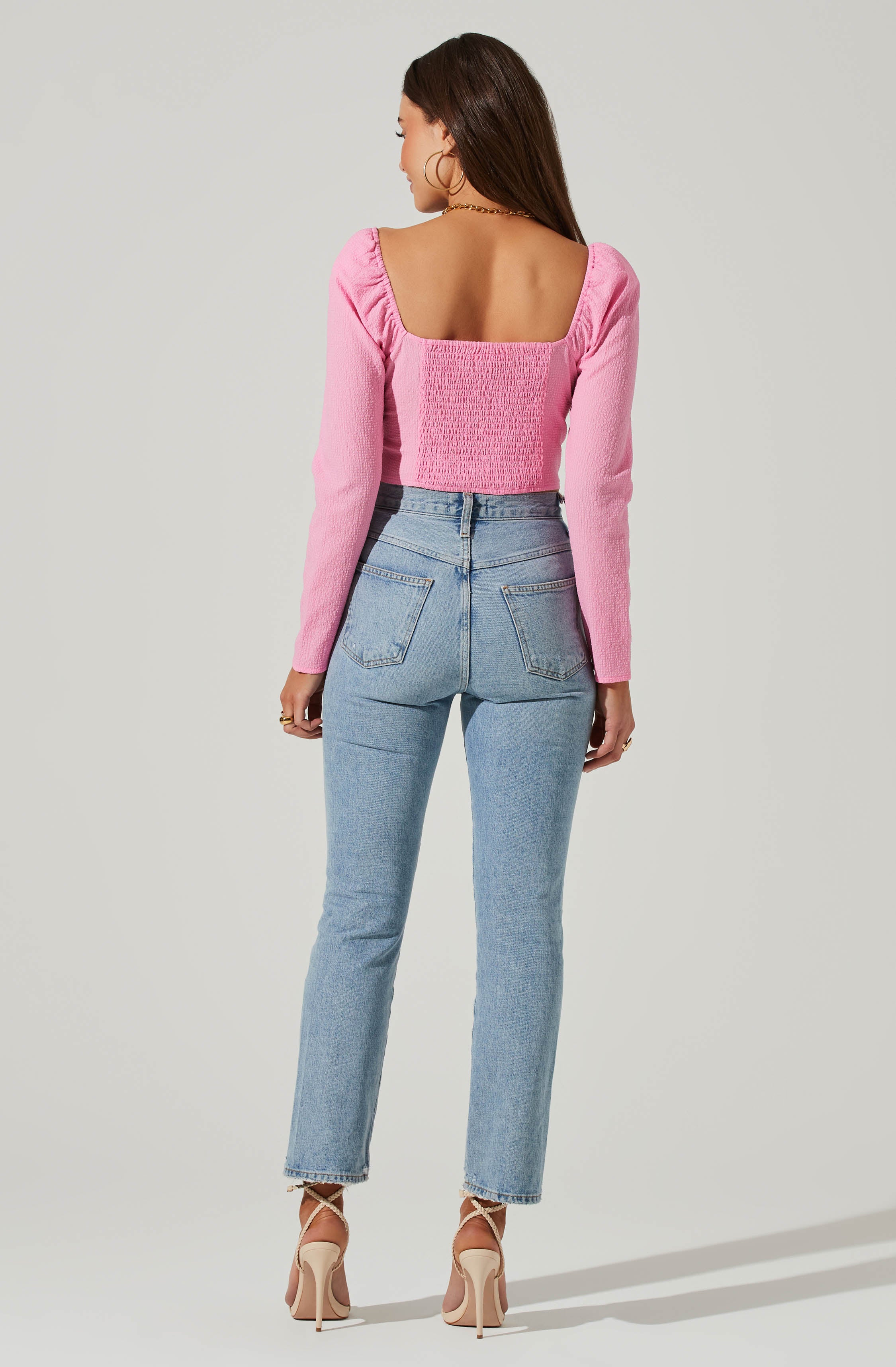 Long Sleeve Sweetheart Neck Crop Top-Aljck