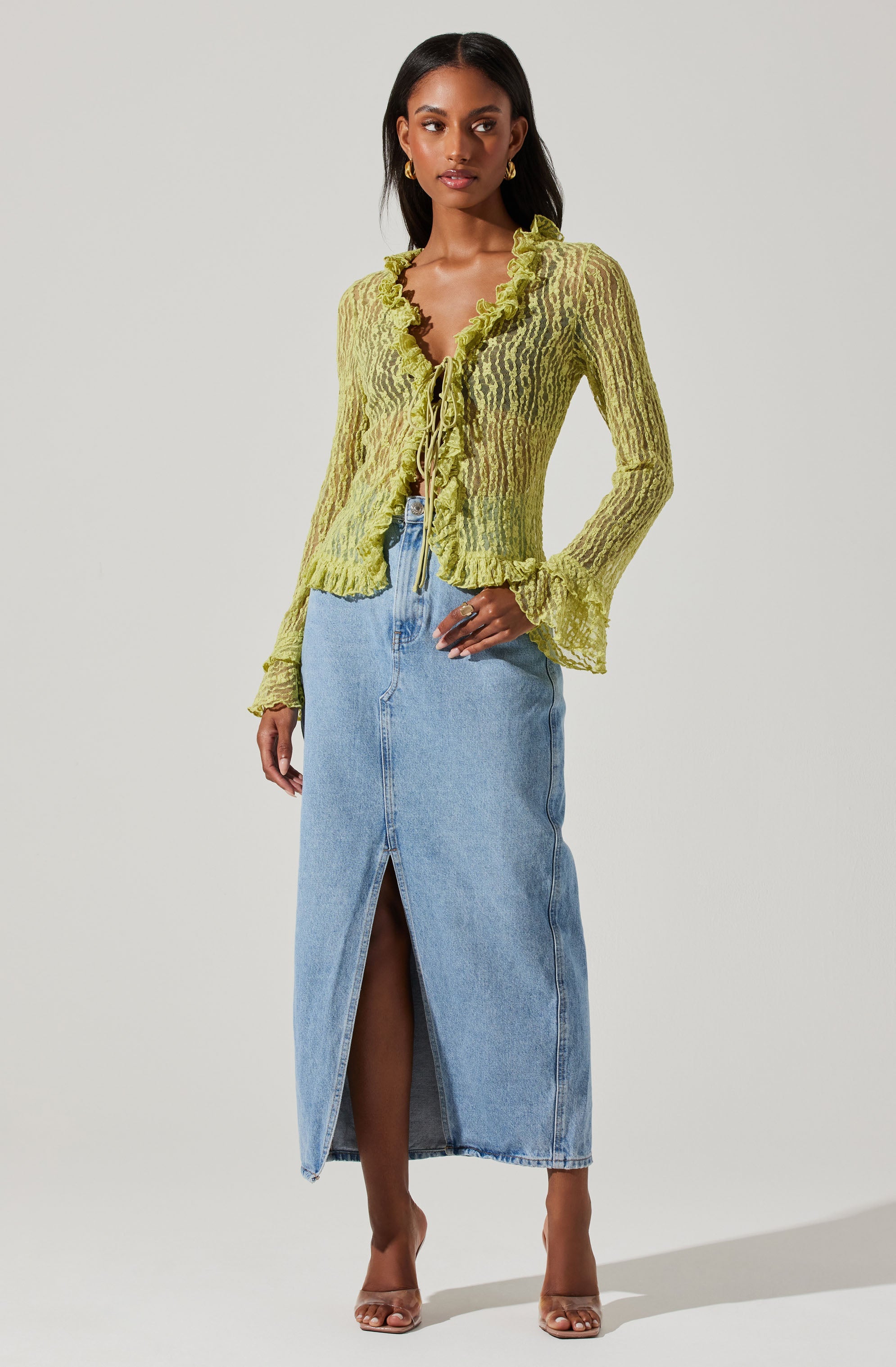 Ruffle Sheer Tie Front Top-Aljck