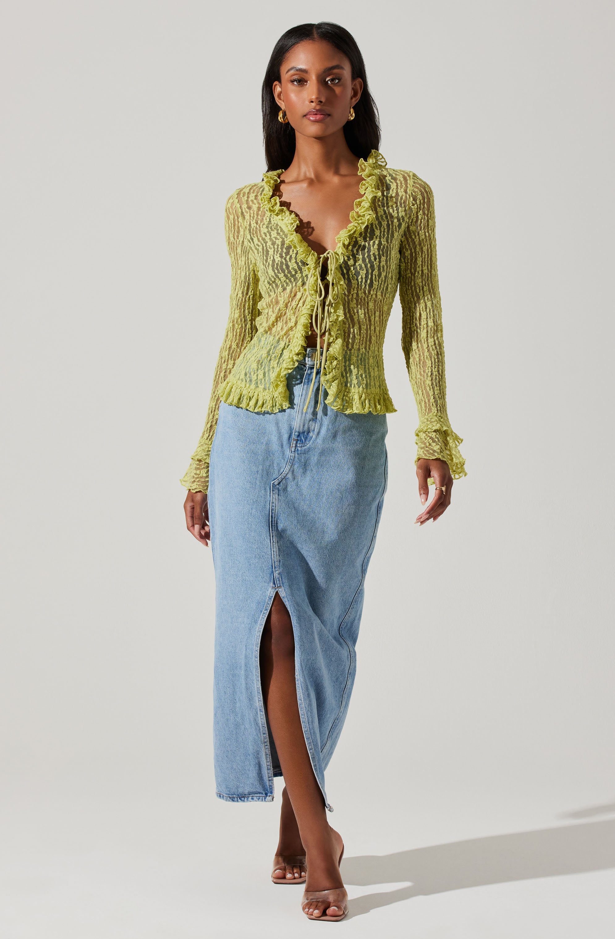 Ruffle Sheer Tie Front Top-Aljck