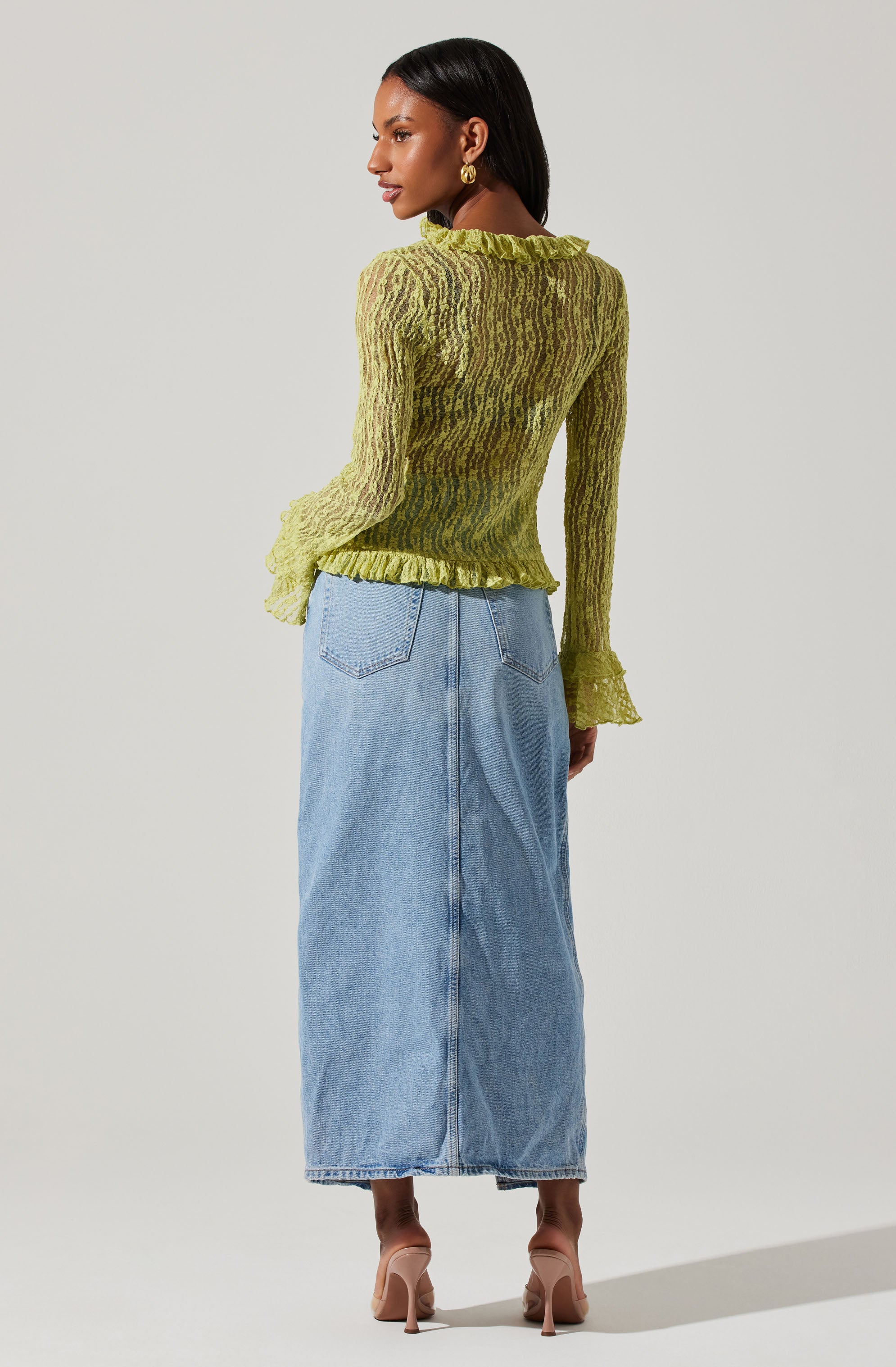 Ruffle Sheer Tie Front Top-Aljck