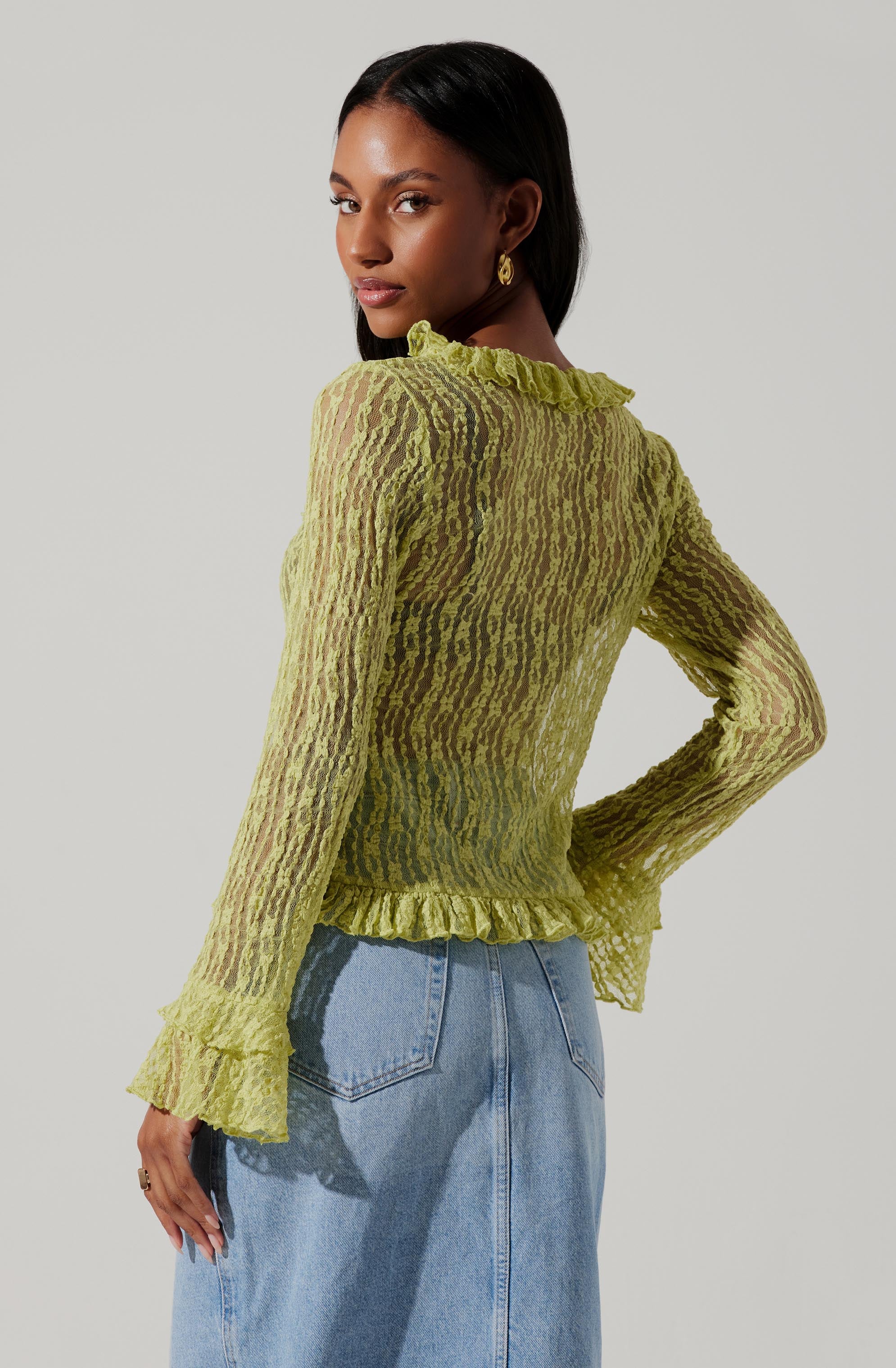 Ruffle Sheer Tie Front Top-Aljck