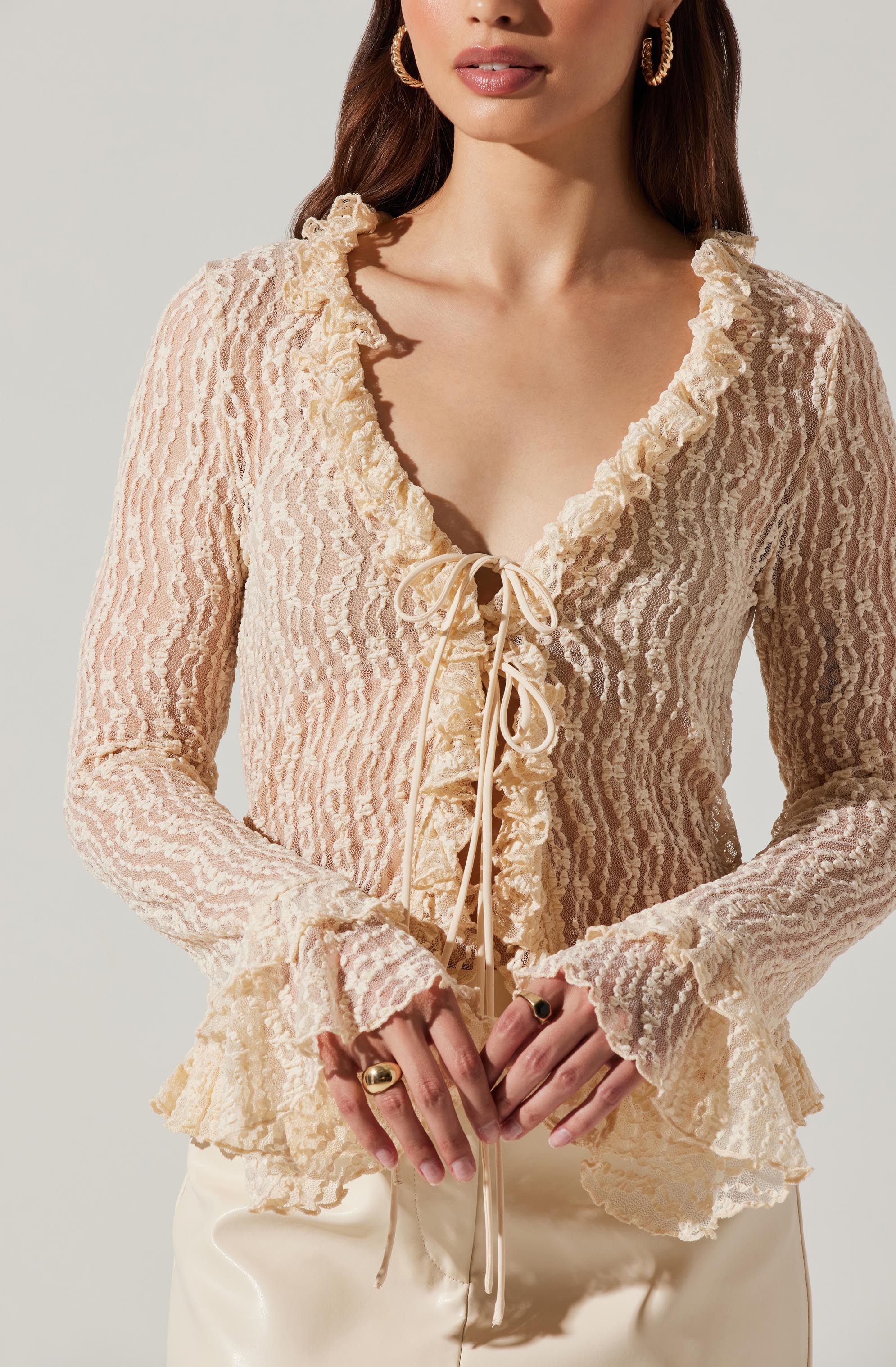 Ruffle Sheer Tie Front Top-Aljck