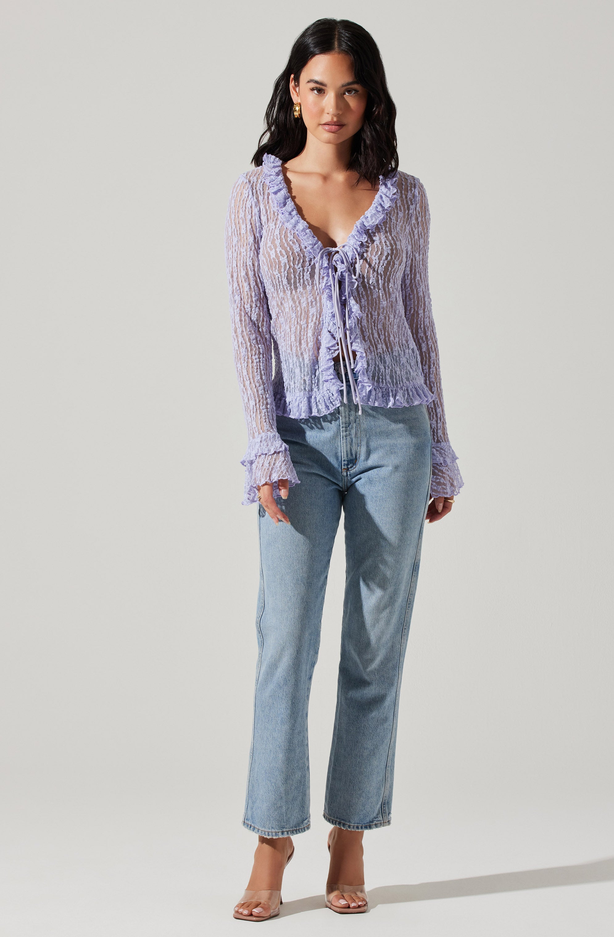 Ruffle Sheer Tie Front Top-Aljck