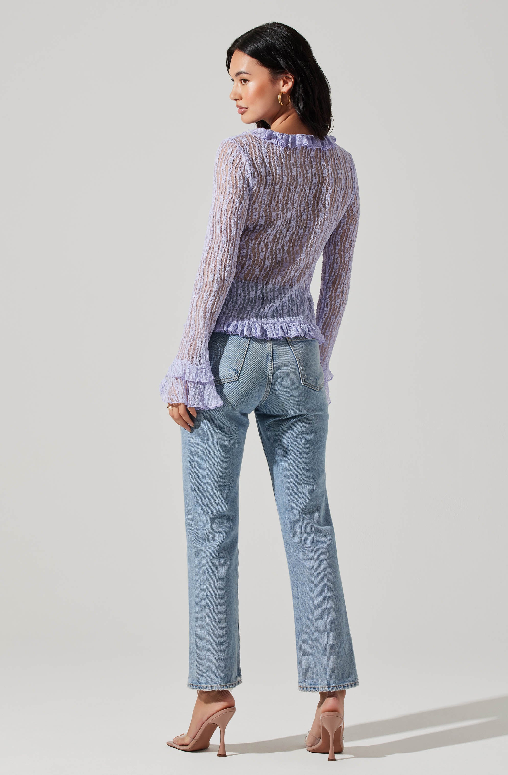 Ruffle Sheer Tie Front Top-Aljck