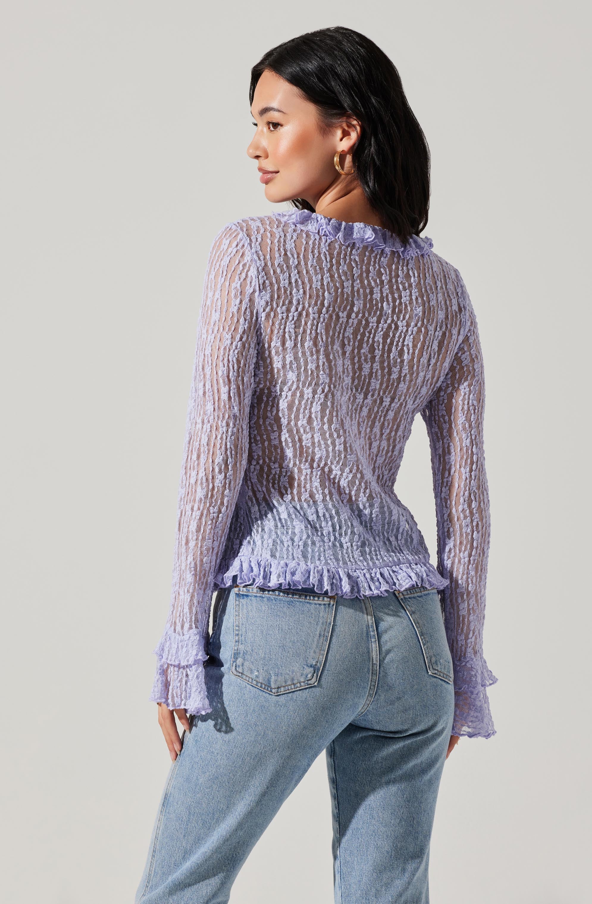 Ruffle Sheer Tie Front Top-Aljck