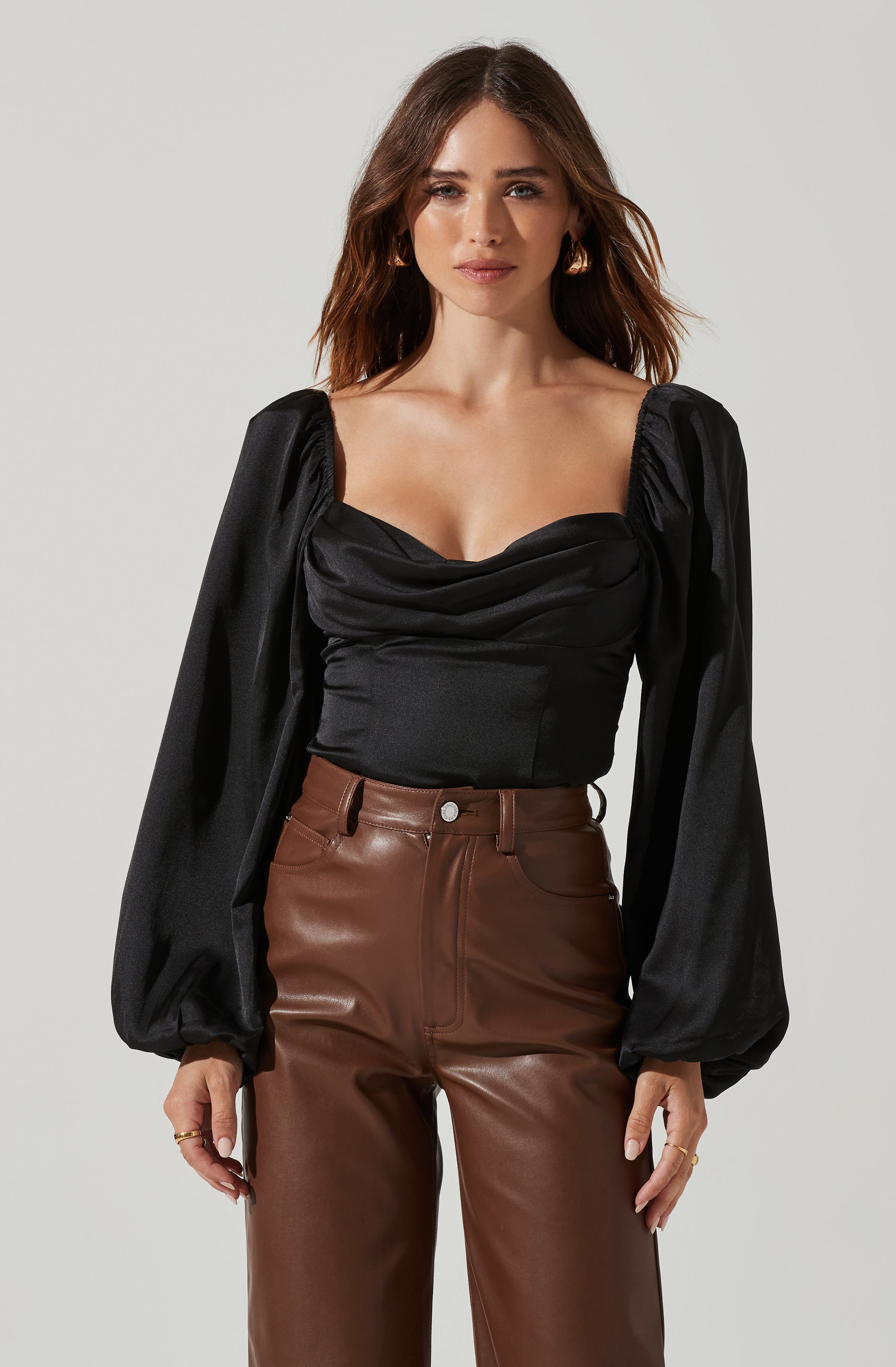 Arleth Satin Sweetheart Long Sleeve Top-Aljck