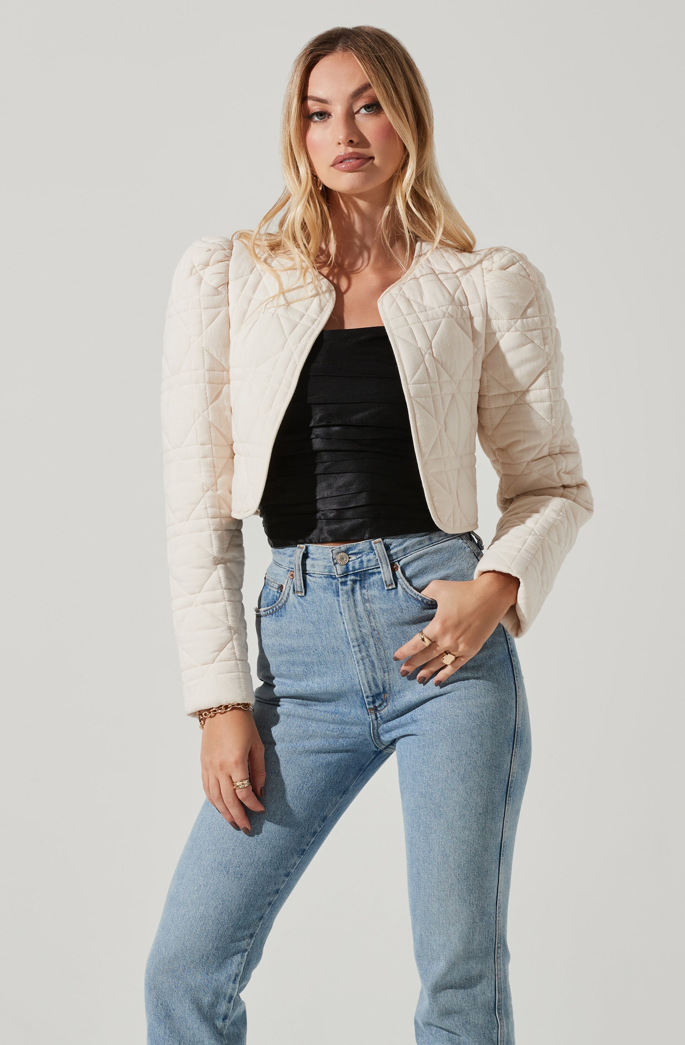 Lucia Quilted Cropped Puff Sleeve Jacket-Aljck
