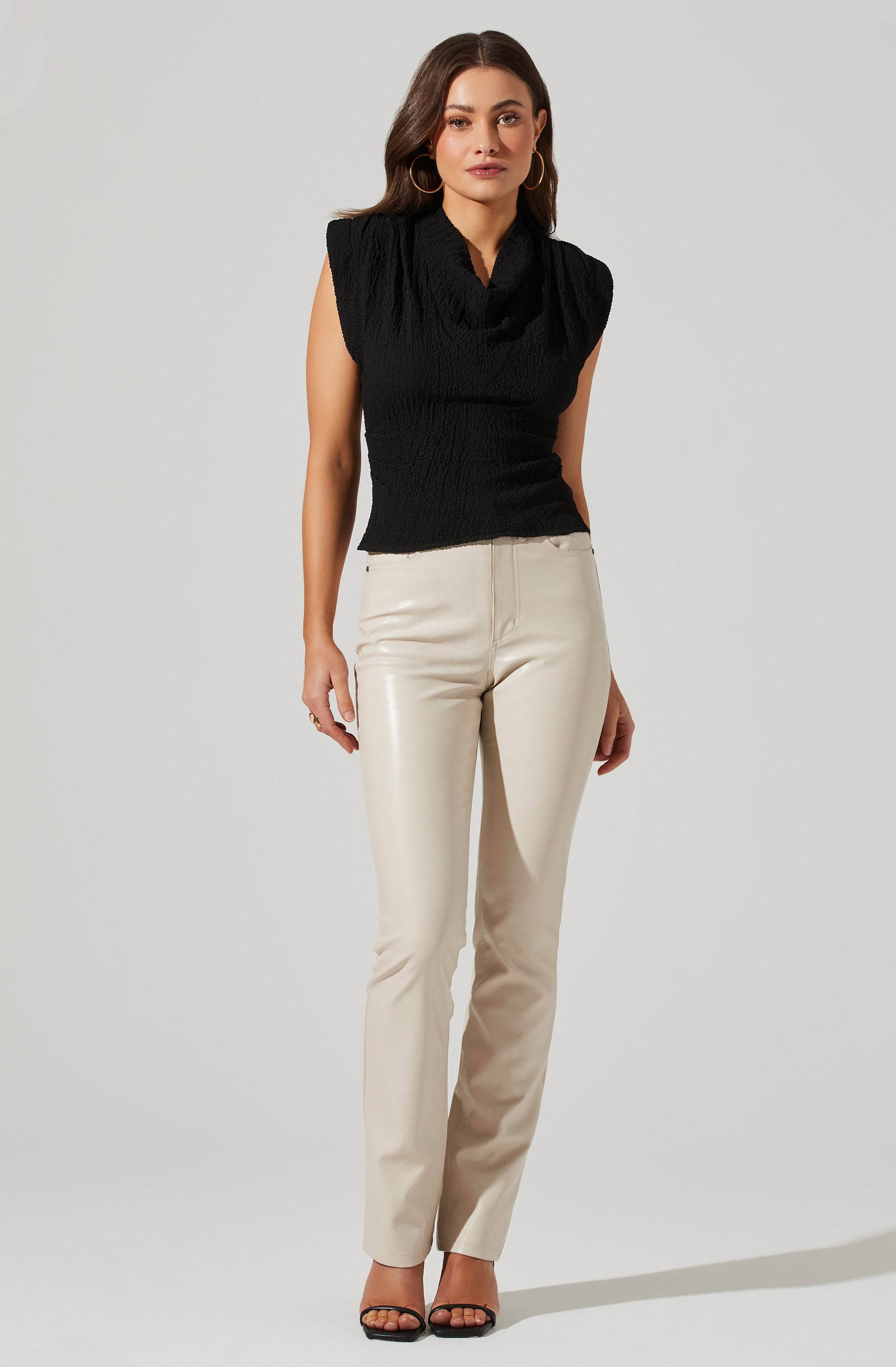 Pleated Cowl Neck Power Shoulder Tank-Aljck