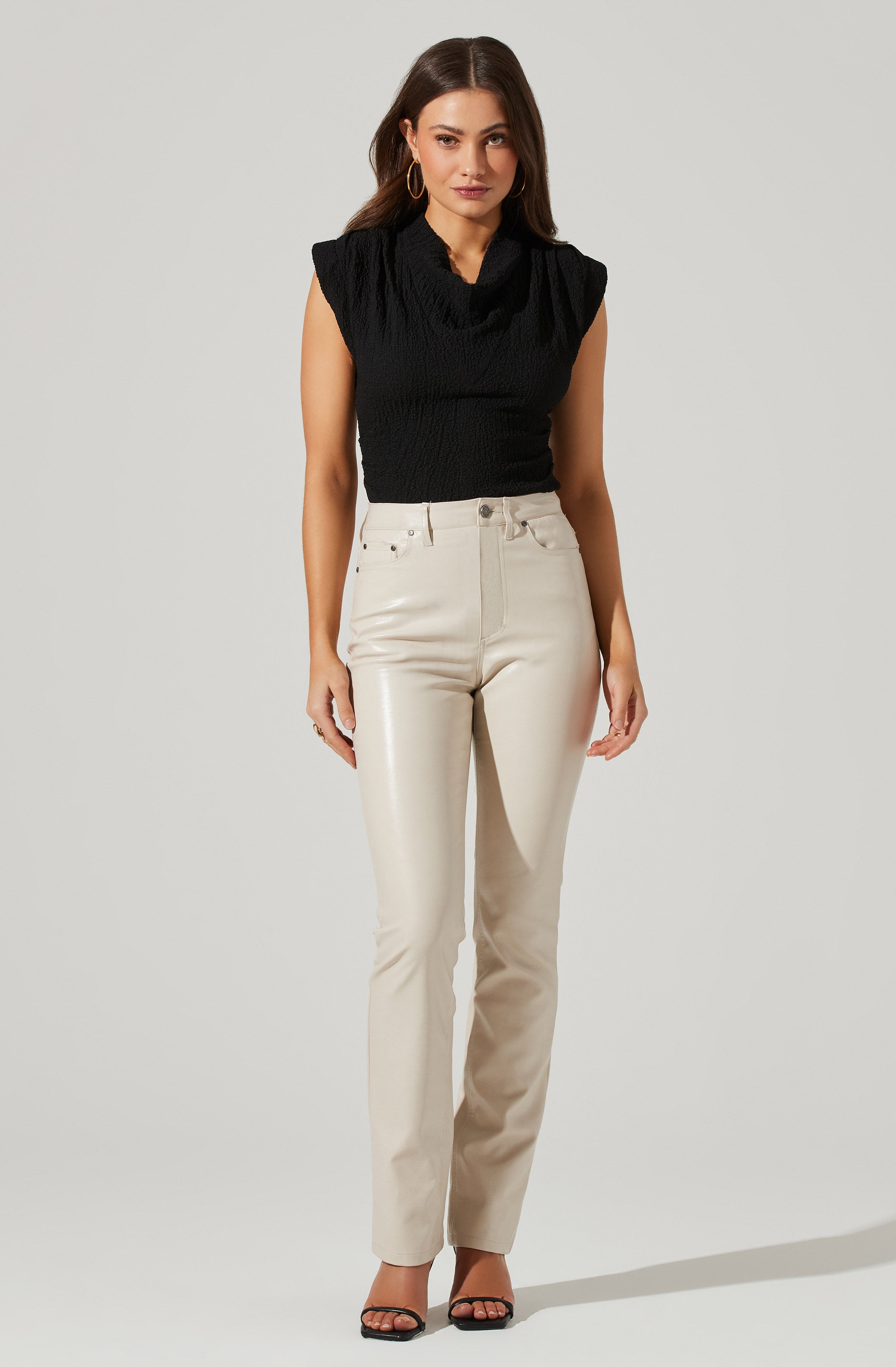 Pleated Cowl Neck Power Shoulder Tank-Aljck